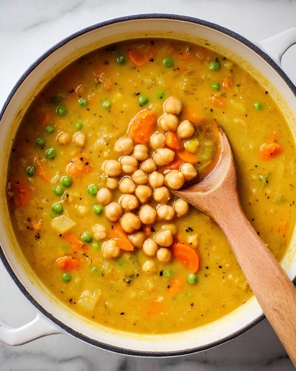 A white pot filled with a thick yellow-orange soup that contains visible small green peas, bright orange carrot slices, and lighter chunks of other vegetables. On top of the soup, there is a cluster of light tan chickpeas grouped on one side. A long wooden spoon with a smooth texture rests in the soup on the right side of the pot. The pot is placed on a white marbled surface. Photo taken with an iphone --ar 4:5 --v 7