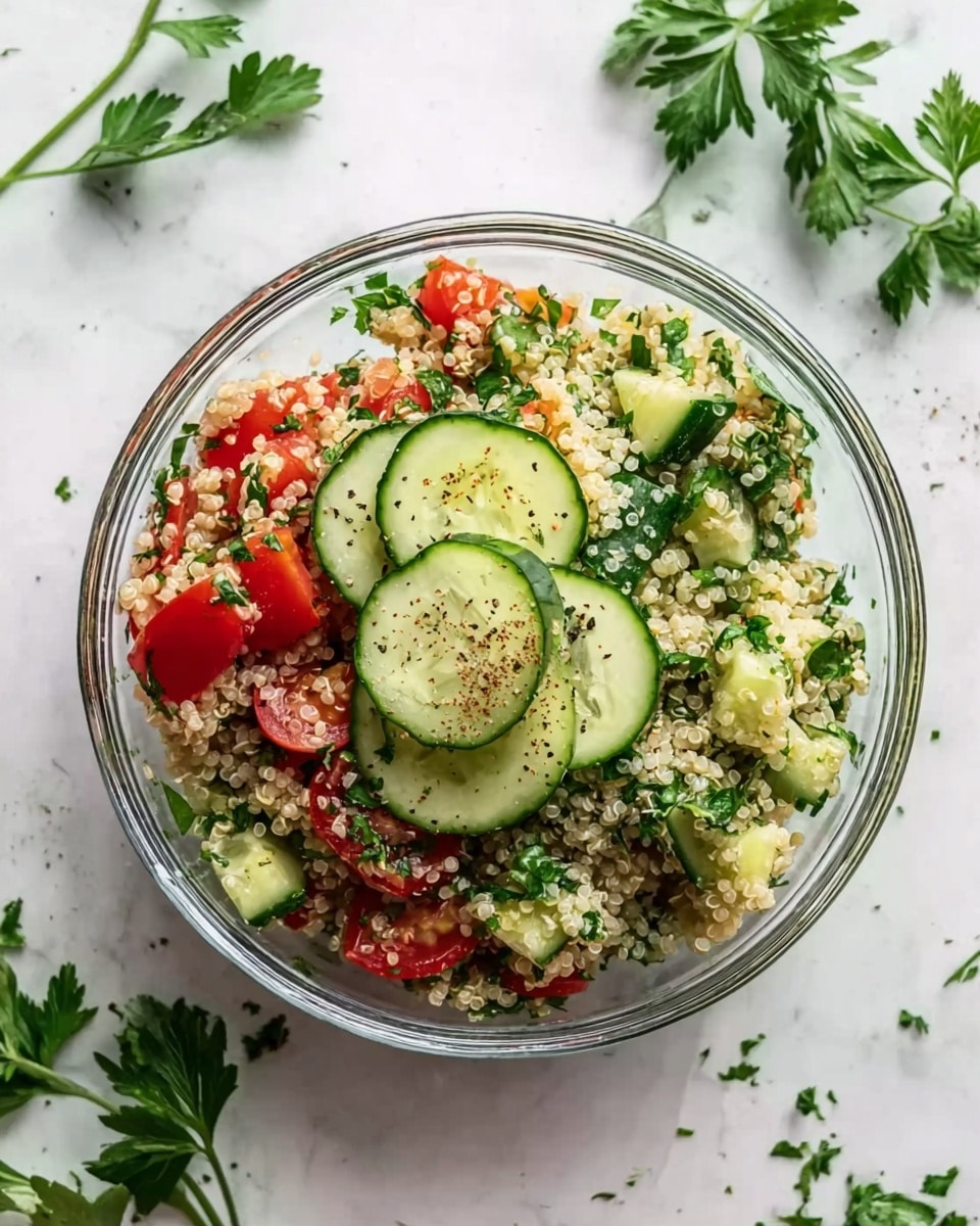 A clear glass bowl holds a colorful salad with three main visible layers: a base of small, light beige quinoa grains mixed with finely chopped green herbs, scattered bright red tomato halves, and chunks of vibrant green cucumber. On top, three round slices of cucumber with visible seeds are placed centrally, sprinkled with black pepper, and garnished by a few fresh green parsley leaves. The bowl is set on a white marbled surface with some sprigs of parsley around it. photo taken with an iphone --ar 4:5 --v 7