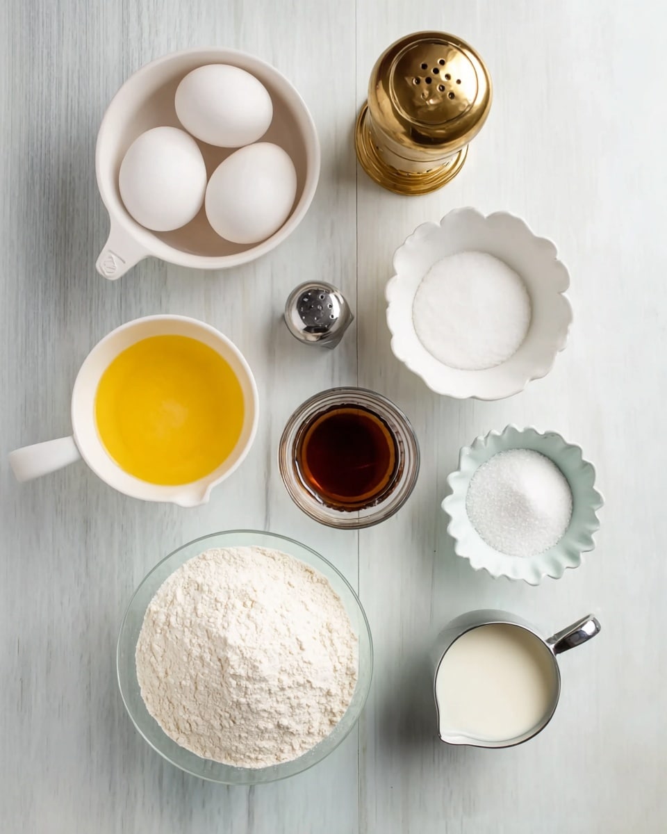 A top-down view of seven separate ingredients arranged on a white marbled surface: a white measuring cup filled with white flour at bottom left, a white bowl holding four white eggs above it, a white measuring cup filled with bright yellow melted butter at top left, a golden metal shaker at top center, a small glass bowl with dark brown vanilla extract at center, a small glass bowl with white salt at top right, a white scalloped bowl filled with white granulated sugar at bottom center right, and a small silver measuring cup filled with white milk at bottom right, all neatly placed with space between them. Photo taken with an iphone --ar 4:5 --v 7