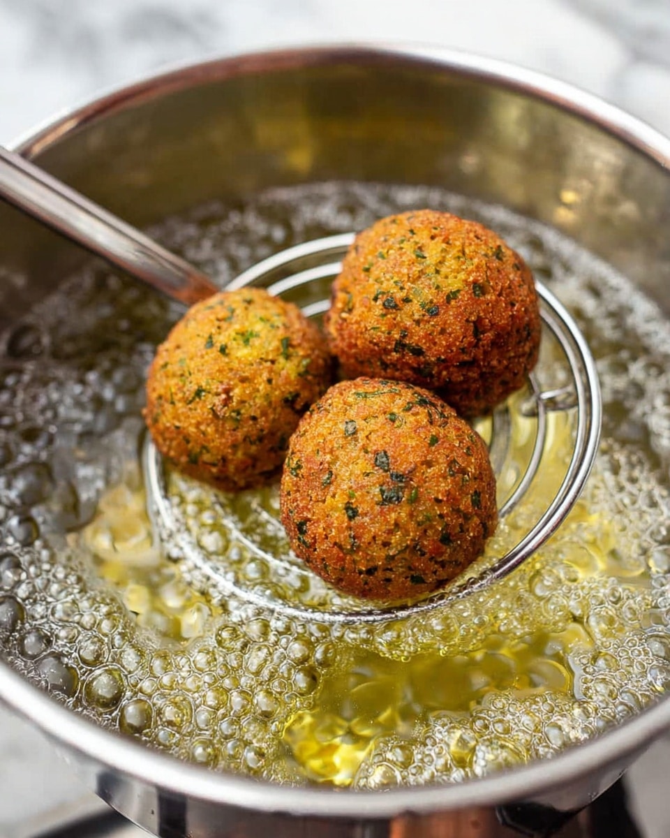 Three round falafel balls with a rough, crispy golden-brown surface speckled with green herbs are being lifted on a metal slotted spoon above bubbling hot oil inside a shiny metal pot. The bubbling oil shows small lively bubbles all around the falafel, indicating deep frying. The light reflects softly on the metal pot, and the background shows a smooth white marbled texture. photo taken with an iphone --ar 4:5 --v 7