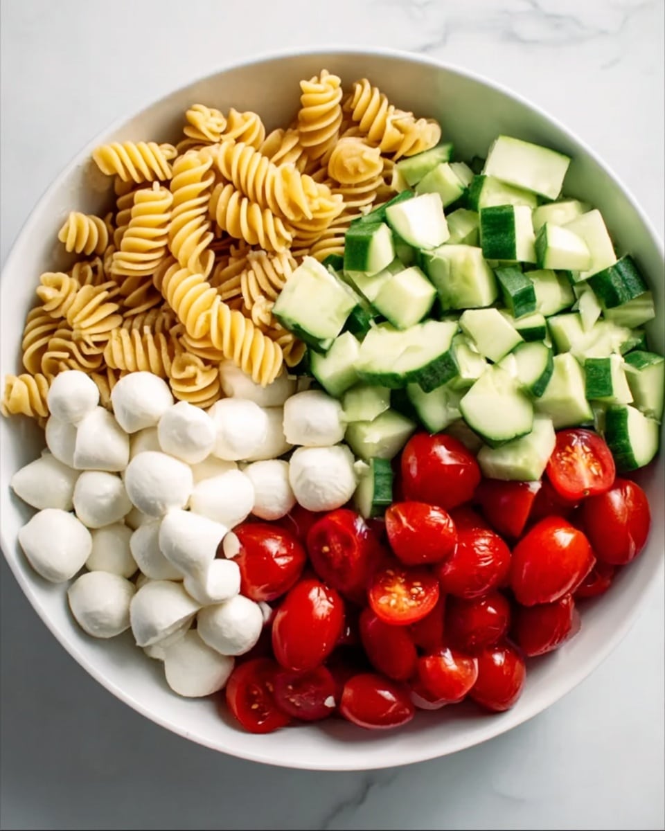 A white bowl with four clear layers is shown on a white marbled surface. The bottom layer is golden spiral pasta evenly spread in the bowl. On top of the pasta, on one side, there is a pile of small bright red cherry tomatoes, some cut in half, showing their juicy inside. Next to the tomatoes, there is a heap of fresh cucumber slices, sliced thin with dark green edges and light green centers giving a crisp look. Lastly, on the pasta and overlapping partly with the tomatoes, there is a layer of small, smooth white mozzarella balls. The colors are very fresh and bright. Photo taken with an iphone --ar 4:5 --v 7