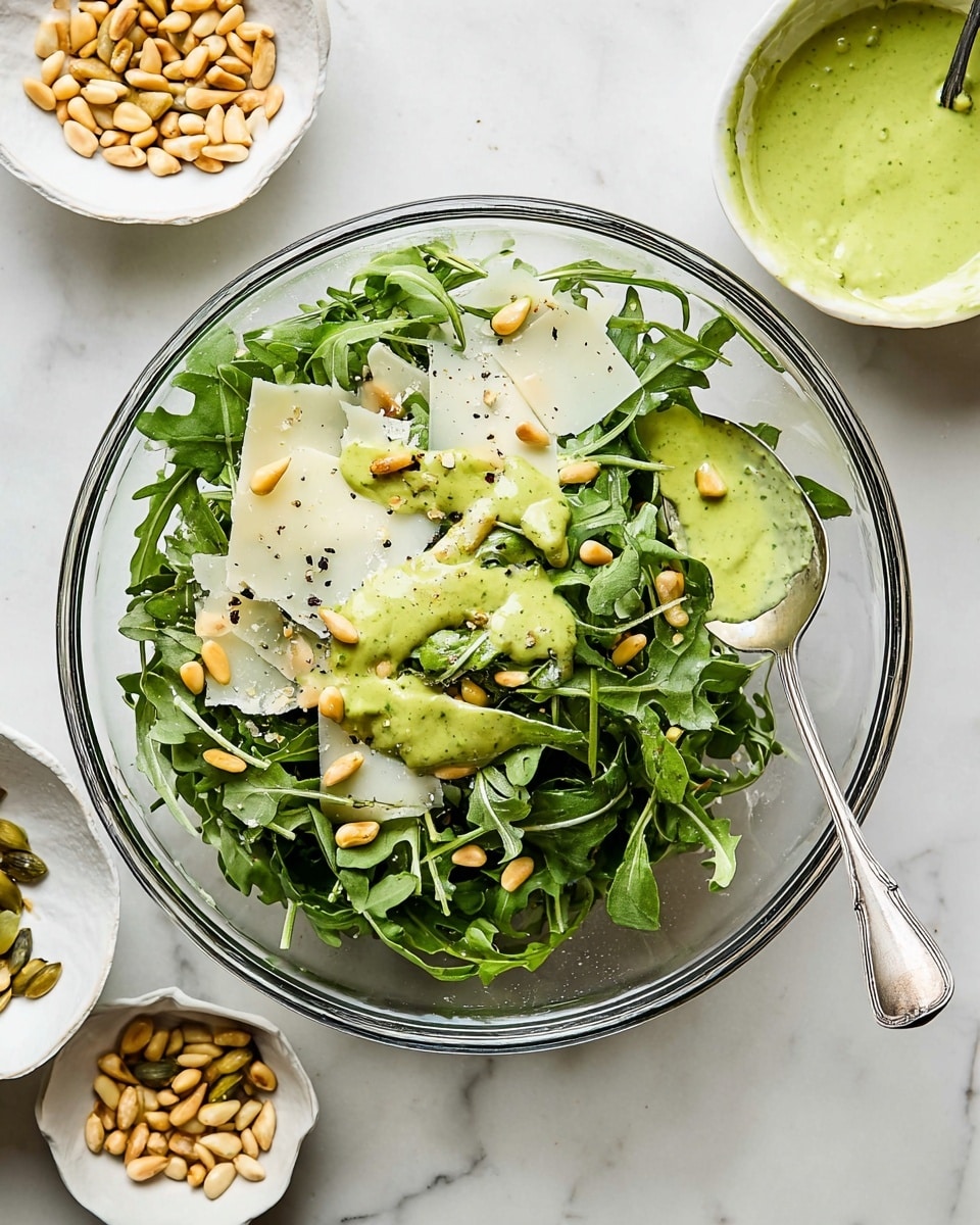 A clear glass bowl holds a fresh green salad made with two layers: the bottom layer is bright green arugula leaves with jagged edges, and the top layer consists of thin, pale yellow cheese slices scattered unevenly, topped with small pale brown pine nuts. A creamy green dressing is drizzled over the salad, pooling on the cheese and leaves. A silver spoon with some green dressing rests on the edge of the bowl. Around the bowl, on a white marbled surface, are small white dishes holding extra pine nuts and dressing. photo taken with an iphone --ar 4:5 --v 7