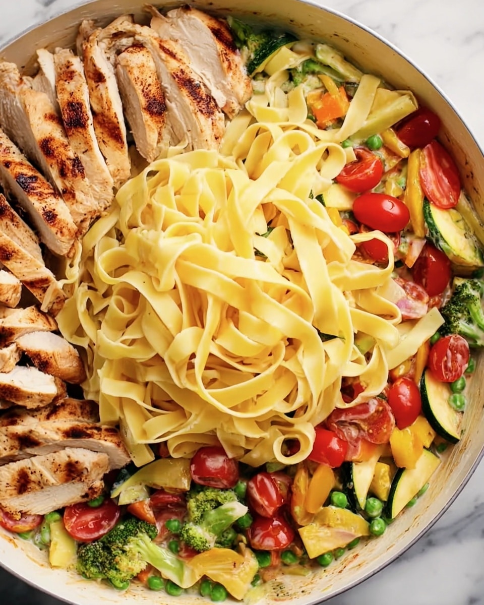 A large white pan with three main layers: on the left side, sliced cooked chicken pieces with a grilled texture and light brown color; on the right side, a heap of cooked yellow fettuccine pasta with smooth, flat ribbons; underneath both, a creamy sauce with visible pieces of mixed vegetables including green broccoli, red cherry tomatoes, green peas, yellow squash, and zucchini slices, all on a white marbled surface. Photo taken with an iphone --ar 4:5 --v 7
