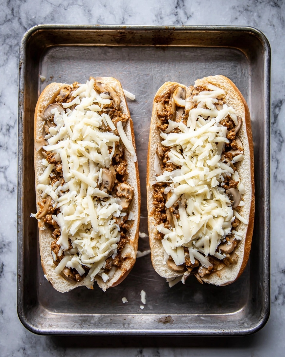Two open white hoagie rolls placed side by side on a metal baking tray, each topped with a layer of cooked ground meat mixed with small mushroom pieces in a brown sauce, and a generous layer of white shredded cheese scattered unevenly on top. The tray has a slightly worn texture, and the background is changed to a white marbled texture. Photo taken with an iphone --ar 4:5 --v 7
