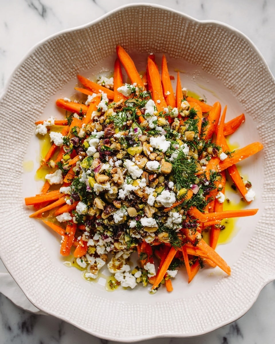 The dish is served in a white textured bowl with a scalloped edge, placed on a white marbled surface. The bottom layer is made of thin, bright orange carrot sticks spread unevenly in a circular shape. On top of the carrots is a layer of finely chopped green herbs mixed with small pieces of dark green and brown nuts. The final top layer consists of crumbled white cheese scattered unevenly with a light drizzle of yellowish dressing. The overall look is colorful with a mix of orange, green, white, and brown tones. Photo taken with an iphone --ar 4:5 --v 7