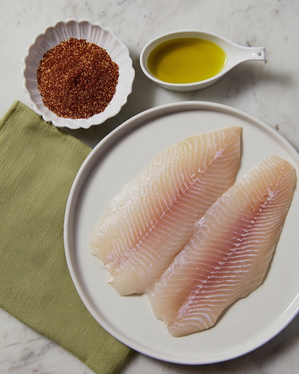 The image shows two raw fish fillets placed side by side on a large white round plate, their pale pinkish flesh with delicate texture and fine lines visible. To the left on a green cloth lies a small white scalloped bowl filled with reddish brown seasoning powder and below it, a small white rectangular dish with two handles containing golden yellow oil. The scene is set on a white marbled surface. Photo taken with an iphone --ar 4:5 --v 7