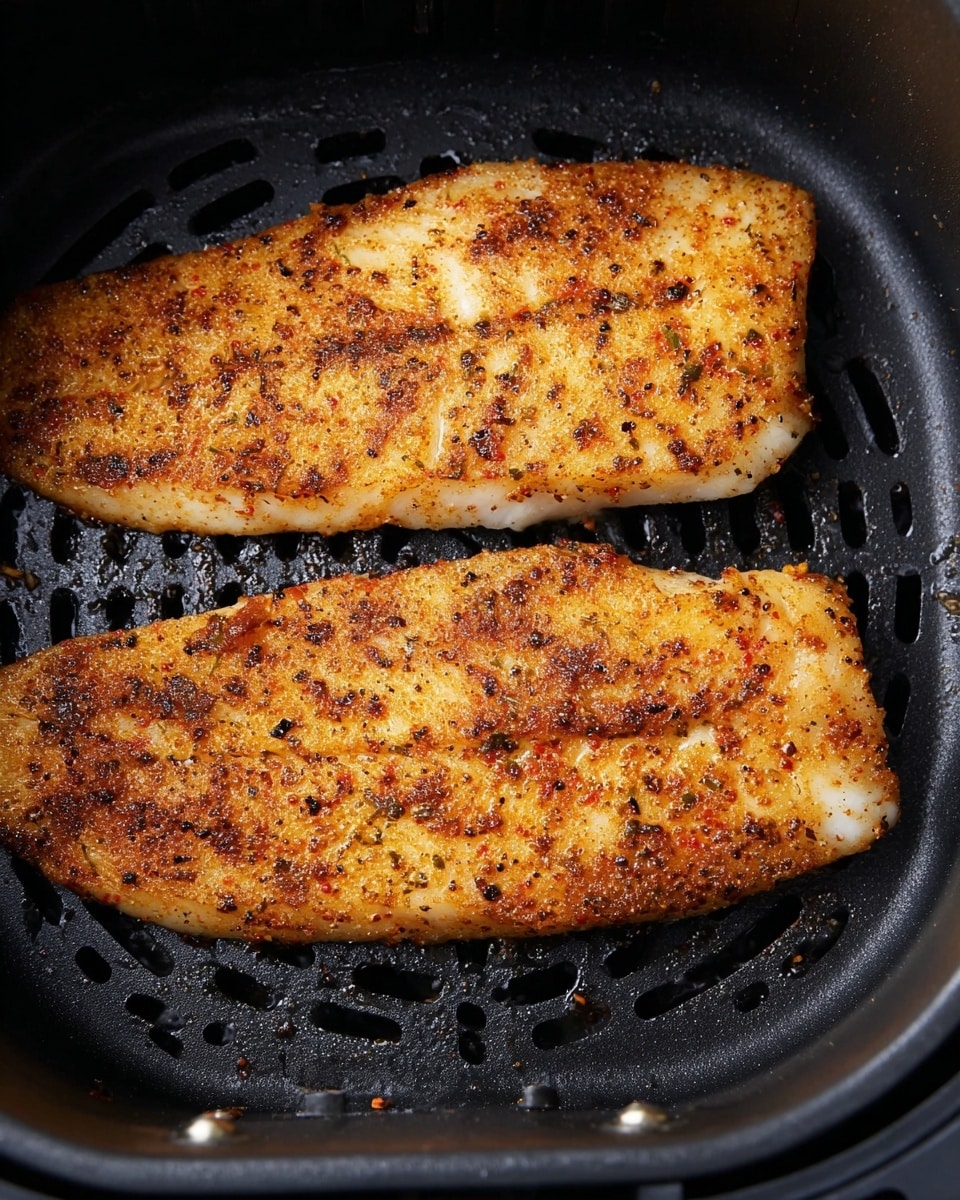 Two cooked white fish fillets are placed side by side inside a black air fryer basket. The fillets are covered evenly with a golden-brown seasoning that looks slightly crispy, showing specks of black and orange spices. The texture of the fish appears firm and lightly charred on the surface. The black air fryer basket has small round holes underneath and a curved grid design, with a few tiny droplets of oil visible. The photo taken with an iphone --ar 4:5 --v 7