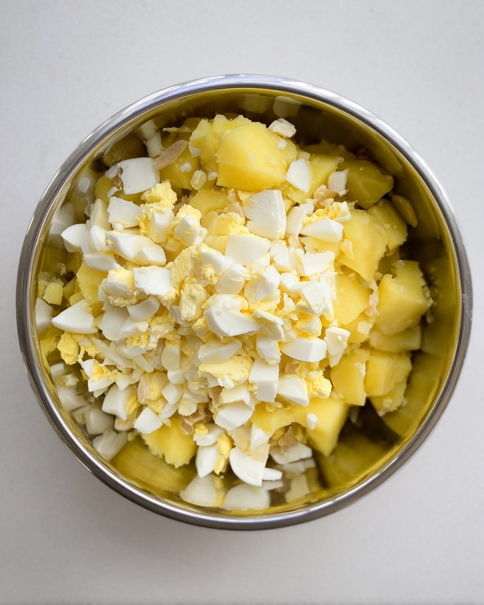 A metal bowl filled with roughly chopped yellow potatoes forming the base layer, topped with scattered pieces of hard-boiled egg white and yolk in small chunks. The inside of the bowl reflects the yellow and white colors of the ingredients. The bowl is placed on a white marbled surface. photo taken with an iphone --ar 4:5 --v 7