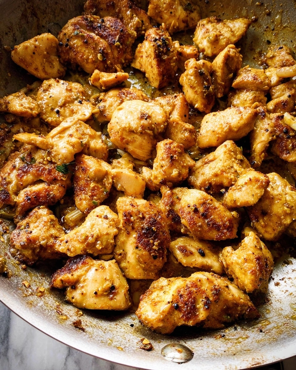 The image shows a close-up of many pieces of cooked chicken that are golden brown with spices and some small black and green bits. The chicken pieces have a slightly rough texture and are spread evenly in a silver pan with a shiny surface and rivets visible at the edges. The background is a white marbled texture. Photo taken with an iphone --ar 4:5 --v 7