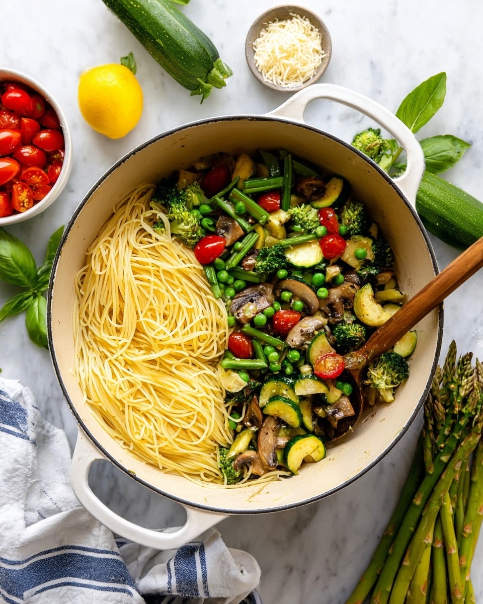 The image shows a large white pot filled with two distinct layers: on one side, there is a pile of plain cooked spaghetti noodles, pale yellow in color and smooth in texture; on the other side, there is a colorful mix of cooked vegetables including bright green peas, asparagus, broccoli, and zucchini, red cherry tomatoes, and light brown sliced mushrooms, all tossed together and slightly glossy. A wooden spoon with a white handle rests inside the pot, touching the vegetables. Around the pot, on a white marbled surface, there are fresh zucchini, asparagus stalks, a halved lemon, a whole lemon, basil leaves, and small bowls containing grated cheese and cherry tomatoes. A white and blue striped cloth is placed near the pot. photo taken with an iphone --ar 4:5 --v 7