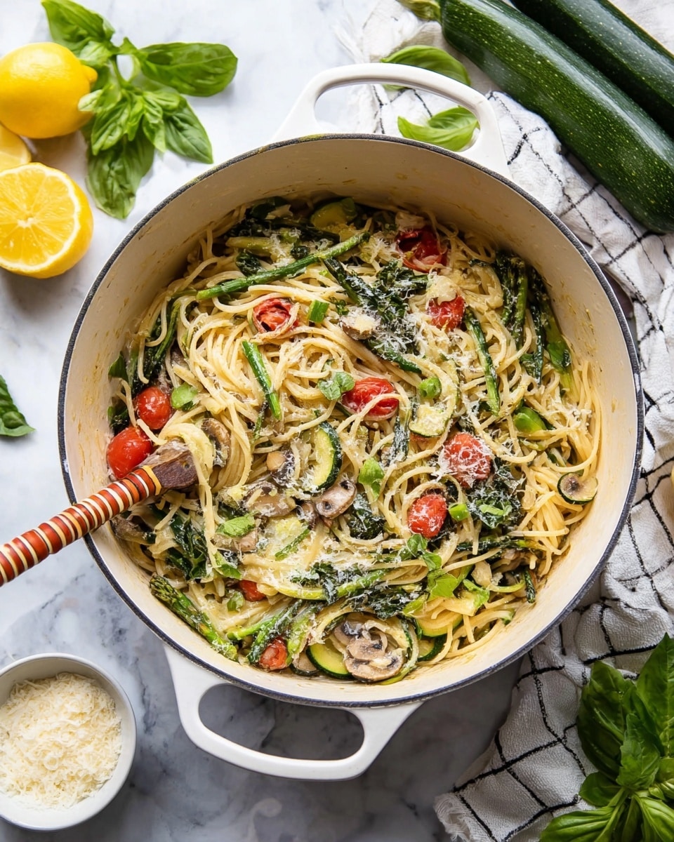A large white pot filled with cooked spaghetti mixed with three layers of vegetables and herbs: bright green asparagus cut into small pieces, dark green spinach or basil leaves finely sliced, and light green zucchini slices; scattered throughout are small red cherry tomato halves and thinly sliced mushrooms. A light creamy sauce coats the pasta and vegetables, with a dusting of grated cheese on top. A wooden spoon with a striped handle rests inside the pot. The pot sits on a white marbled surface, surrounded by whole zucchinis, a halved and whole lemon, some fresh basil leaves, a small white bowl of grated cheese, and a checkered white cloth. Photo taken with an iphone --ar 4:5 --v 7