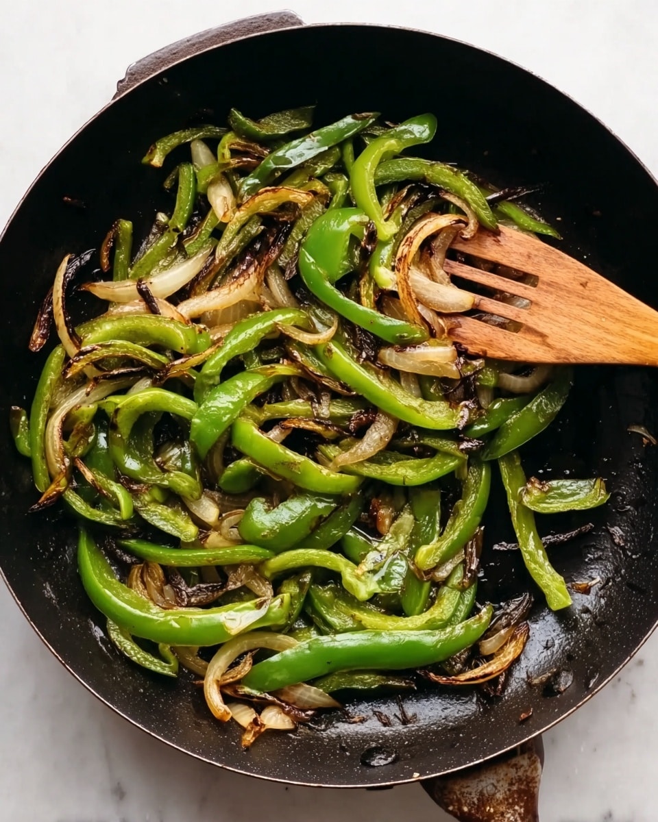 A black frying pan filled with cooked green bell pepper strips and sliced onions, both showing light browning and slight charring. A wooden spatula is touching the vegetables on the right side of the pan, which rests on a white marbled surface. The vegetables appear soft and slightly caramelized, with a mix of bright green and golden brown colors. The pan’s edges show some light wear. photo taken with an iphone --ar 4:5 --v 7