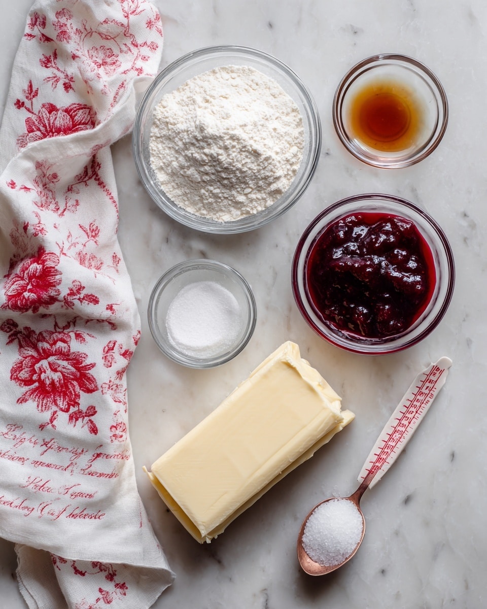 The image shows six small ingredients on a white marbled surface. There are five clear glass bowls: one with white flour at the bottom center, a smaller one with white sugar above the flour, one with dark red raspberry preserves to the right of the sugar, a tiny bowl with light brown almond and vanilla extract above the sugar, and an empty tiny bowl to the left of the extract. To the right of the preserves, there is a rectangular stick of pale yellow butter wrapped in paper with red measurement markings. Below the butter is a single copper spoon filled with white salt. A white cloth with red floral and script designs is draped along the left side of the surface. The text labeling each ingredient is bold and black. photo taken with an iphone --ar 4:5 --v 7
