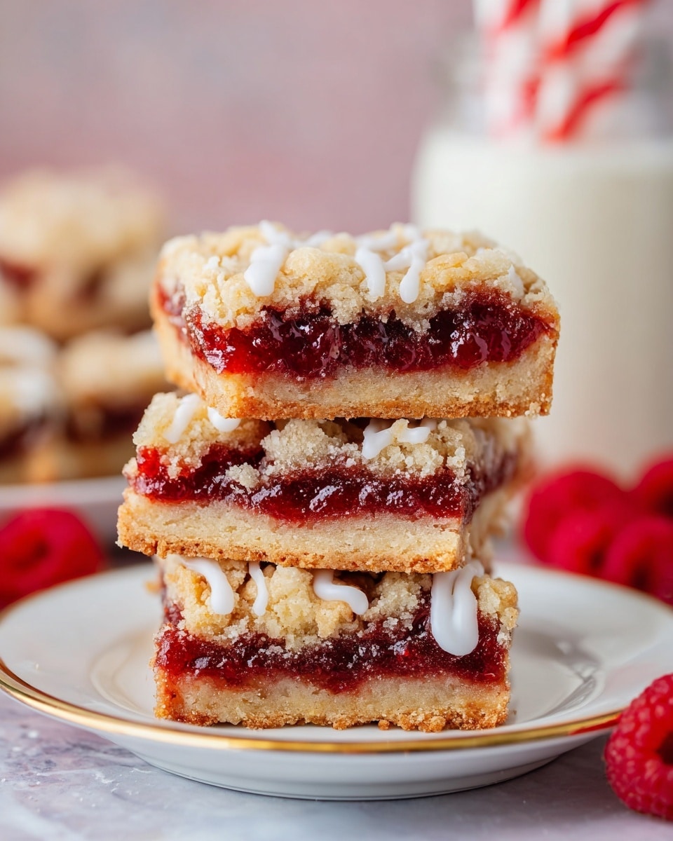 The image shows a close-up view of five small round crumb-topped pastries stacked on a white lace paper on a red plate with gold trim, each pastry having three layers: a golden brown crumbly base layer, a dark red jam middle layer, and a crumbly topping same as the base with a white icing drizzle in a scattered pattern on top. In the background, more pastries sit on a cooling rack, slightly out of focus. To the right of the plate, there is a white bowl filled with bright red raspberries and a tall bottle of milk, all set on a white marbled surface with a white and red patterned cloth partially visible. photo taken with an iphone --ar 4:5 --v 7