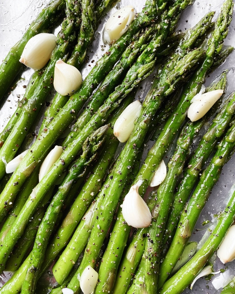 A close-up view of fresh green asparagus spears spread out in a single layer on a shiny white marbled surface, with several whole peeled garlic cloves scattered evenly on top. The asparagus is bright green with textured tips and slightly glossy stalks, sprinkled with small flakes of black pepper and a light drizzle of oil that reflects the light, giving everything a fresh and slightly wet look. photo taken with an iphone --ar 4:5 --v 7