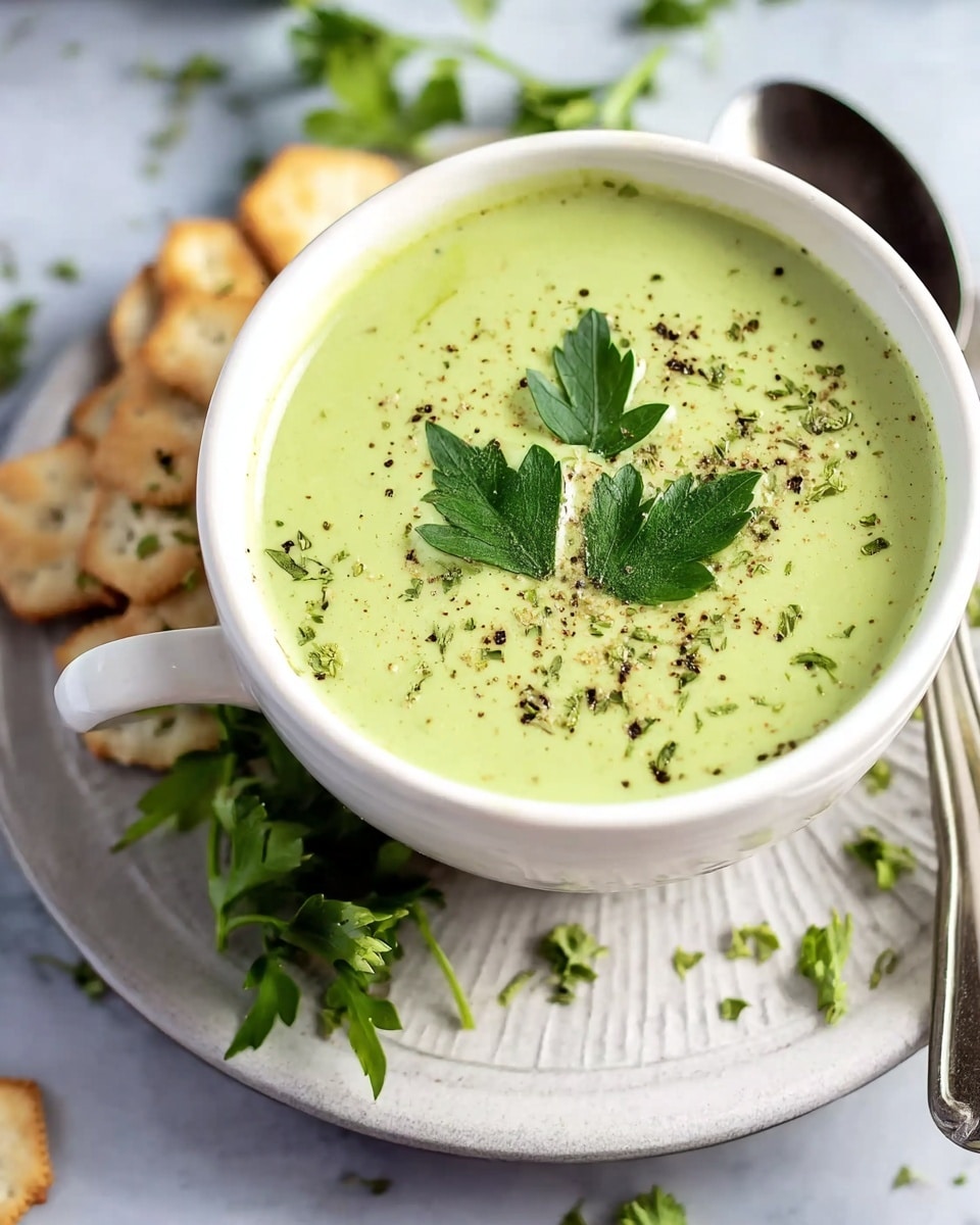 A white bowl filled with light green creamy soup, topped with three green parsley leaves and sprinkled with black pepper and dried herbs. The bowl sits on a white textured round plate with small, light brown hexagon-shaped crackers scattered around the plate. Green parsley stems are placed around the setting on a white marbled surface, creating a fresh and natural look. A silver spoon is visible at the edge of the plate. photo taken with an iphone --ar 4:5 --v 7