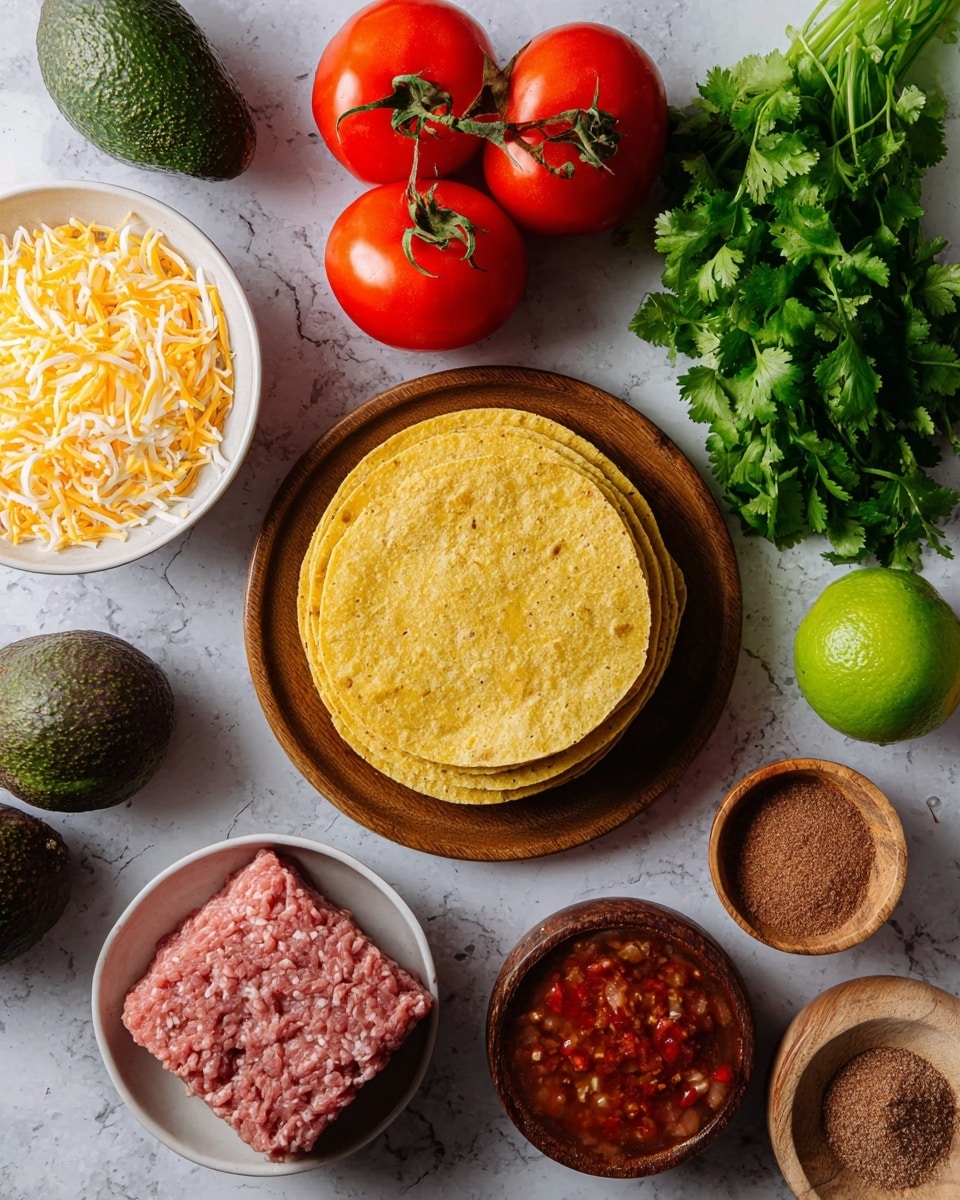 The image shows fresh cooking ingredients arranged on a white marbled surface. In the center right, there is a wooden plate holding a stack of yellow corn tortillas, about five layers thick with a soft, slightly rough texture. To the left, a white bowl holds a mix of shredded yellow and white cheese with a soft, fine texture. Below this, another white bowl contains a block of raw ground meat with a pinkish color and uneven surface. At the top center, a bunch of five bright red tomatoes attached to green stems rests next to two dark green avocados on the top left. On the top right, there is a large bunch of vibrant green cilantro with leafy texture, next to a whole bright green lime. Surrounding these main items on the right are small wooden bowls filled with brown powdered spices with a fine texture and a rich red salsa with visible seeds and bits of herbs. photo taken with an iphone --ar 4:5 --v 7