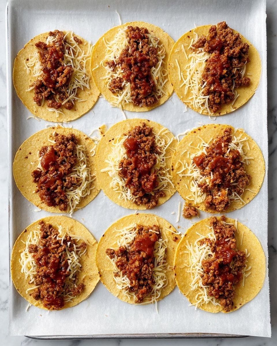Nine yellow corn tortillas are laid out flat in three rows on a baking tray lined with white parchment paper, placed on a white marbled surface. Each tortilla has a middle layer of shredded cheese in pale yellow and white tones, topped with a layer of cooked, crumbly ground meat colored rich brown with small bits of red sauce spread unevenly on top. The meat and sauce layers are positioned slightly to the side of the center on each tortilla, with some small bits spilling onto the parchment paper. The tortillas have a slightly rough, grainy texture with visible patterns from the corn. photo taken with an iphone --ar 4:5 --v 7