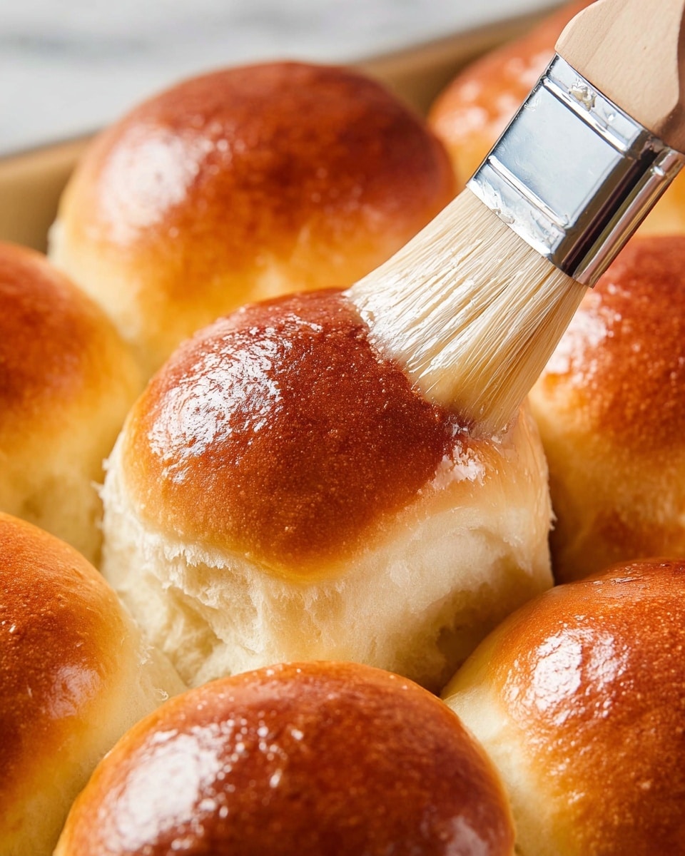 A close-up view of nine golden brown bread rolls grouped tightly together, with one roll in the middle being brushed with melted butter using a soft, light-colored bristle brush held by a woman's hand. The tops of the rolls are shiny with a rich, even brown color fading into a pale yellow near the sides. The texture looks soft and fluffy with a slight gloss where the butter is applied. The background has a smooth white marbled texture. photo taken with an iphone --ar 4:5 --v 7