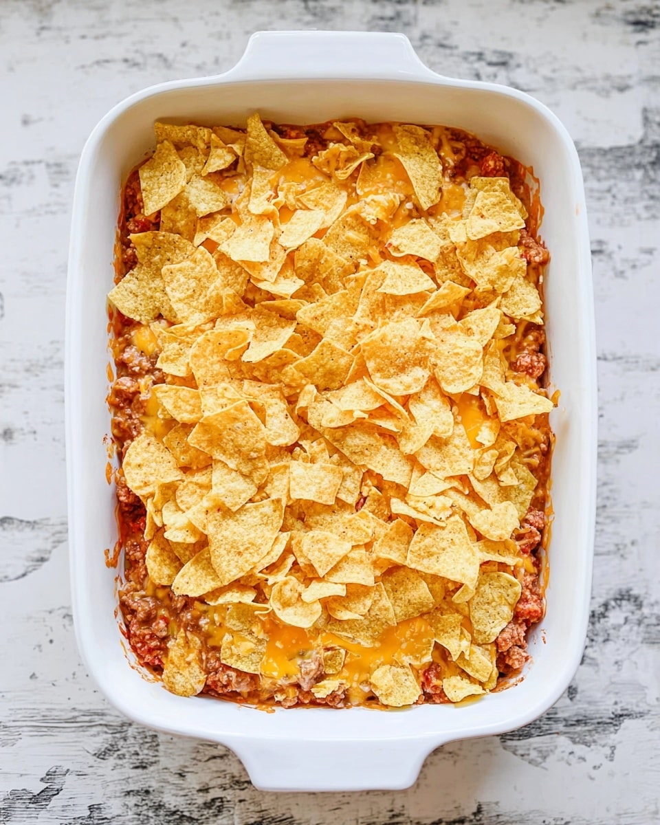 A white baking dish filled with a layered casserole, with the bottom layer showing chunks of cooked meat mixed with a red sauce, covered by a layer of melted cheddar cheese that is partly visible beneath a large layer of crushed yellow tortilla chips on top. The casserole rests on a white marbled textured surface. Photo taken with an iphone --ar 4:5 --v 7
