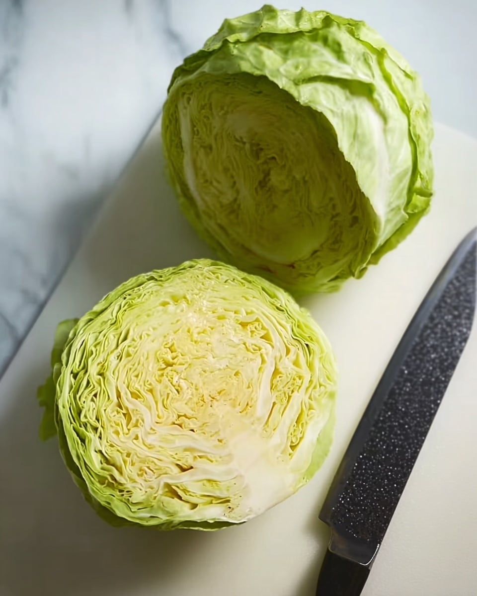 Two pieces of cabbage are placed on a white marbled surface; one piece is a flat circular cross-section showing many pale green and yellow layers tightly packed in a spiral pattern, and the other piece is a half cabbage with outer leaves that are darker green and textured with veins. To the right of the cabbages, there is a shiny black knife with a slightly speckled blade resting on the surface. photo taken with an iphone --ar 4:5 --v 7