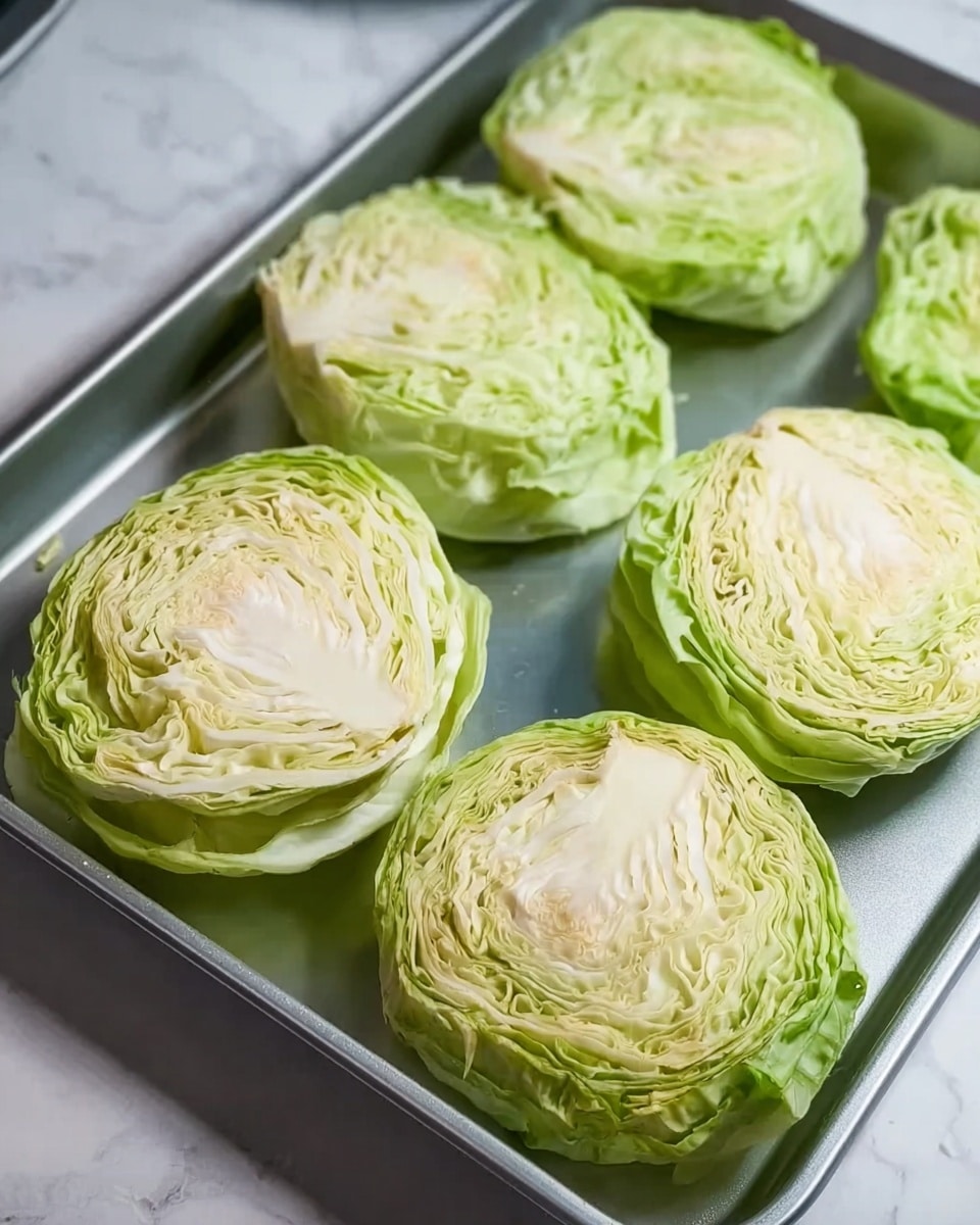 The image shows several thick, round slices of pale green cabbage placed evenly on a shiny metal baking tray. Each cabbage slice has tightly packed layers with slightly ruffled edges, transitioning from a light green at the outer leaves to a very pale, almost white center. The cabbage pieces have a moist, crisp texture visible on their surfaces. The tray and cabbage rest on a white marbled surface. Photo taken with an iphone --ar 4:5 --v 7