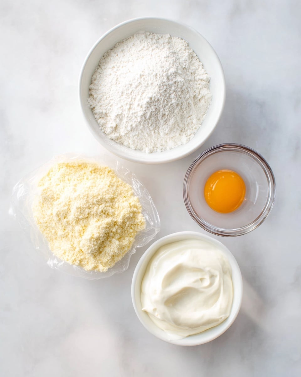 The image shows four cooking ingredients set on a white marbled surface arranged in a square shape. At the top left, there is a white bowl filled with fine white powder, showing a soft and crumbly texture. To the right of the bowl, there is a small clear glass bowl holding a single egg with a bright orange yolk and clear egg white. Below the egg, at the bottom right corner, there is a white bowl filled with smooth white cream that has a slightly glossy texture. At the bottom left, there is a partially opened clear bag of light yellow crumbly powder that looks dry. Photo taken with an iphone --ar 4:5 --v 7