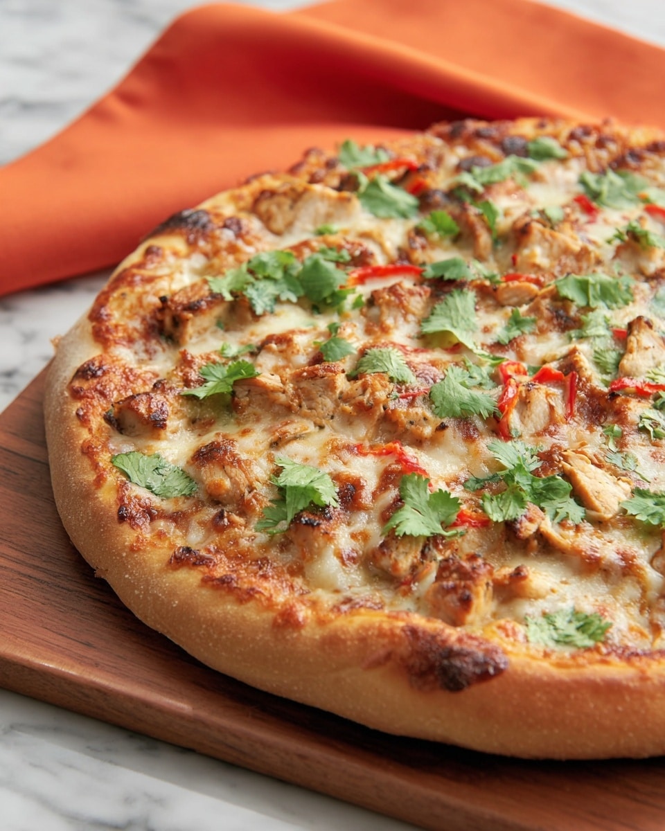 A round pizza with a thick, golden crust forms the base layer, topped with a layer of melted cheese that turns golden brown in places. Scattered on the cheese are small, cooked pieces of light brown chicken, red pepper slices, and green cilantro leaves, adding color and texture. The pizza rests on a wooden surface with an orange cloth in the background, all placed on a white marbled texture surface. Photo taken with an iphone --ar 4:5 --v 7