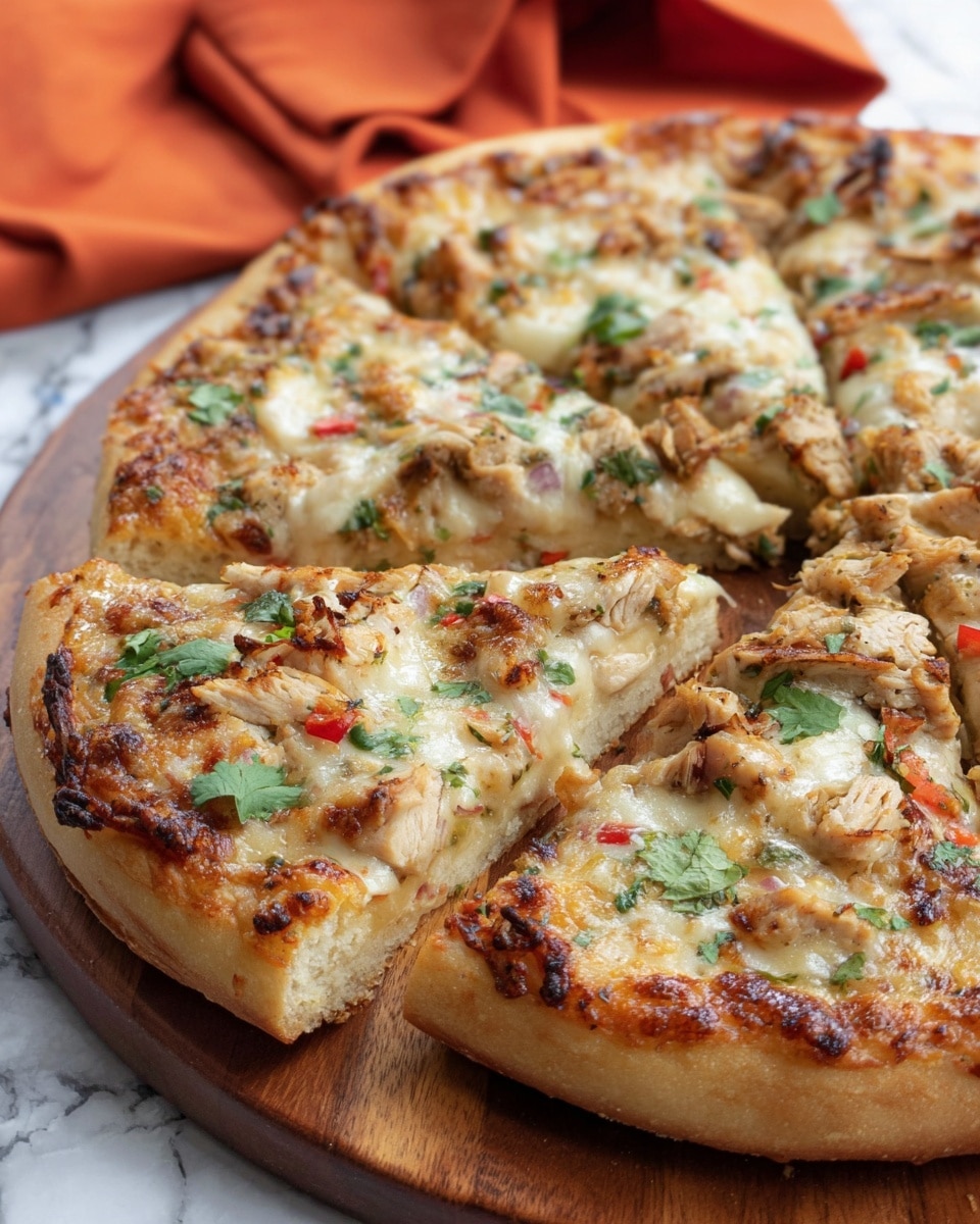 A pizza with a thick, light brown crust forming the base layer, topped closely with a layer of melted cheese that is golden and slightly browned in spots. There are pieces of grilled chicken spread over the cheese, showing a mix of light brown and white colors with some charred edges. Scattered on top are small bits of red and green vegetables, adding splashes of color, and fresh green cilantro leaves are sprinkled over the entire pizza. The pizza is cut into five slices and is placed on a wooden board with an orange cloth in the blurred background, all set on a white marbled surface. Photo taken with an iphone --ar 4:5 --v 7