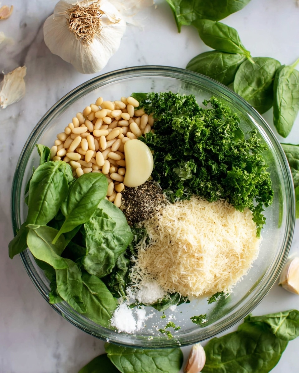 A glass bowl contains a mix of fresh ingredients evenly placed inside, with bright green basil leaves on the right bottom, fresh curly parsley on the left top, and a pile of pale pine nuts on the left bottom. Scattered around and on these greens are several whole garlic cloves in a light cream color. On the right top, there is a mound of grated Parmesan cheese in pale yellow, next to black pepper and a small bit of white salt. The bowl sits on a white marbled surface, with more parsley and spinach leaves, garlic bulb, and some pine nuts around it. Photo taken with an iphone --ar 4:5 --v 7