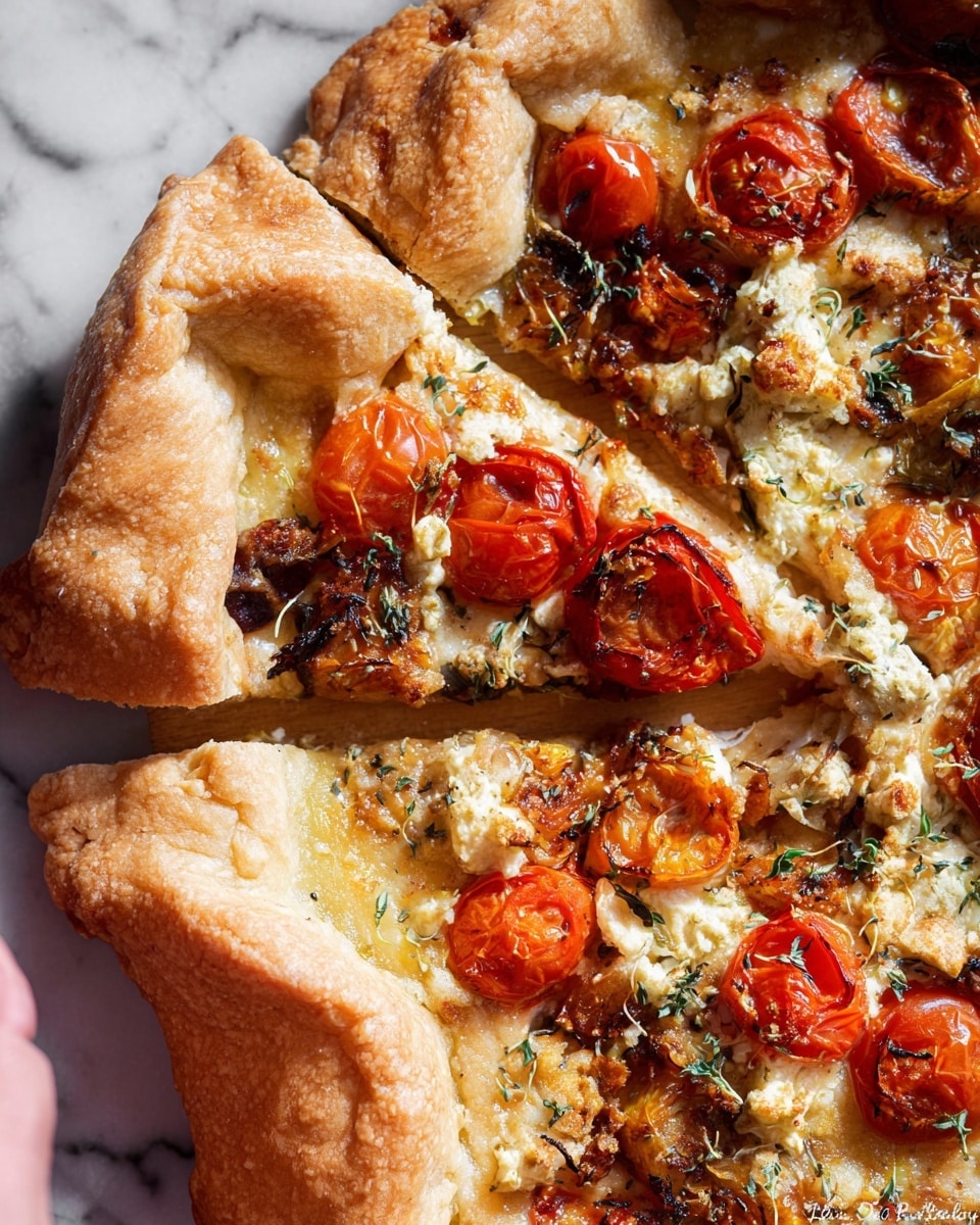 The image shows a close-up of a rustic pizza with a thick, golden-brown crust that is folded over the edges in a freeform style. The pizza has one main layer of toppings with roasted halved cherry tomatoes scattered across, some slightly charred, adding bright red and orange colors. There are also pieces of creamy white cheese melted unevenly, creating small golden spots. Small bits of greens and herbs are spread across the surface, giving it a fresh texture and dark green contrasts. The pizza is placed on a white marbled texture with a woman's hand visible holding part of the crust, ready to lift a slice. photo taken with an iphone --ar 4:5 --v 7