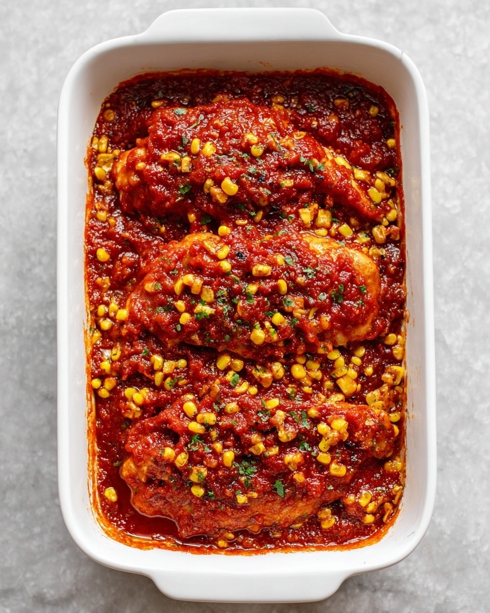 A white rectangular baking dish sits on a white marbled surface, filled with three layers of raw chicken fillets covered in a thick red tomato sauce mixed with small charred yellow corn kernels spread evenly across and around the chicken, giving a textured and colorful look to the top layer photo taken with an iphone --ar 4:5 --v 7