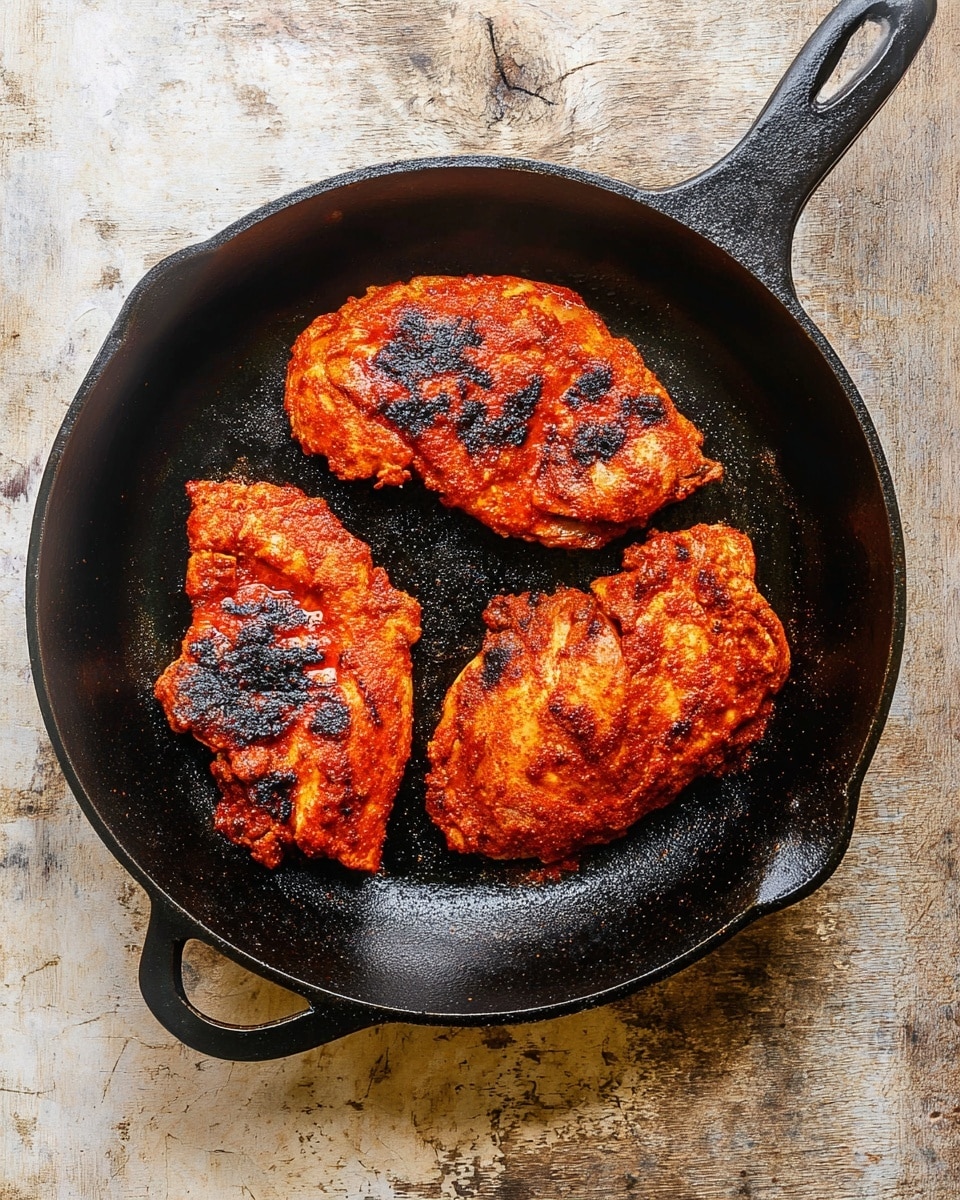 A black cast iron pan sits on a white marbled surface, holding three pieces of cooked chicken with a reddish spice coating and some dark brown char spots on top. The chicken pieces have a crispy texture, are arranged with two near the top and one near the bottom of the pan, and the pan handle is visible at the top and bottom edges. The rustic wooden background enhances the warm, home-cooked feel of the image. photo taken with an iphone --ar 4:5 --v 7