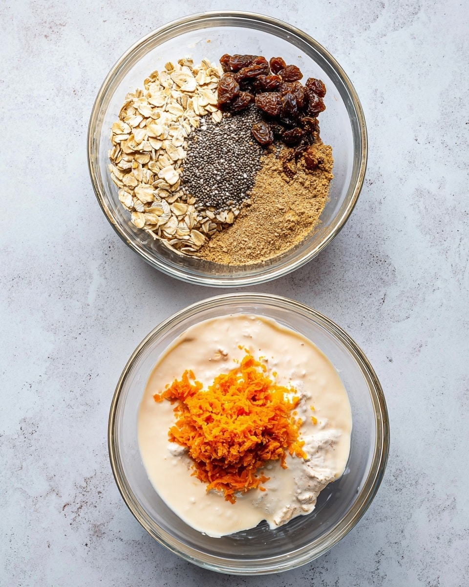 Two clear glass bowls are shown on a white marbled texture surface. The top bowl contains four layered ingredients: a base of light beige rolled oats, a dark gray patch of chia seeds in the center-right, a pile of dark brown raisins on the right edge, a small patch of brown ground spice on the left, and a slightly larger golden brown spice patch above that. The bottom bowl holds a thick light cream mixture with a small heap of white cottage cheese and bright orange grated carrot in the center. Photo taken with an iphone --ar 4:5 --v 7