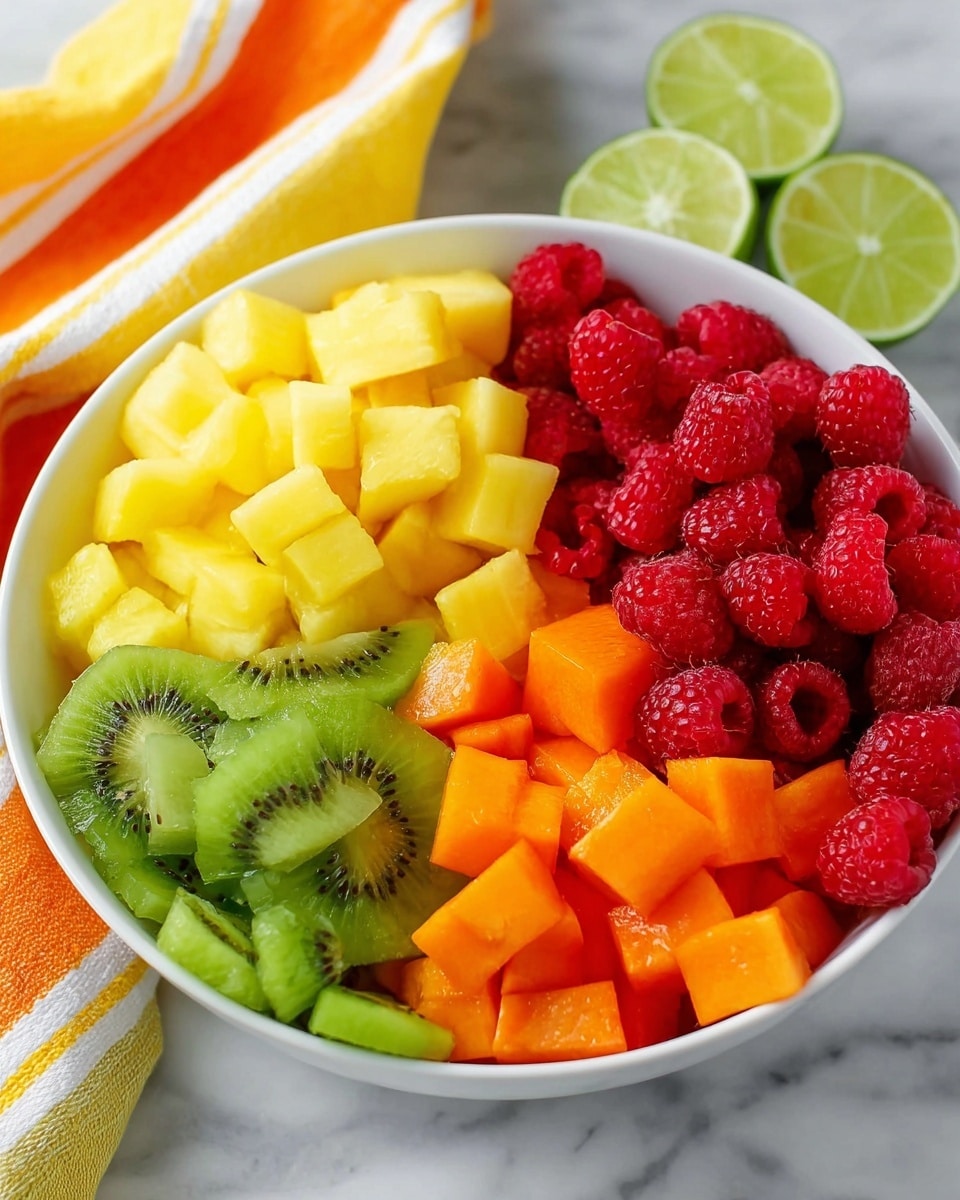 A white bowl filled with five colorful layers of fresh fruit, each separated into distinct sections. Starting from the top right is a pile of bright red raspberries with a soft, bumpy texture. Below the raspberries is a cluster of smooth, orange cubed papaya pieces. To the left of the papaya are juicy yellow pineapple chunks with a slightly fibrous texture. Next to the pineapples are green kiwi slices, showing bright green flesh with tiny black seeds and a soft texture. At the top left corner, behind the bowl, part of a yellow and orange striped towel is visible, with two green lime wedges resting on the white marbled surface. Photo taken with an iphone --ar 4:5 --v 7