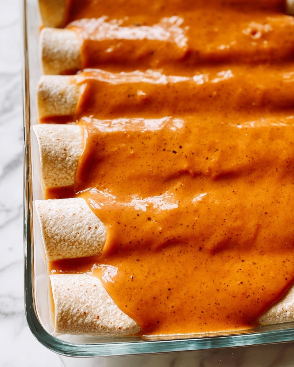 The image shows a clear glass baking dish filled with a row of rolled tortillas tightly placed side by side. Each tortilla is pale beige with a soft, slightly grainy texture. The top half of the tortillas is covered with a thick, smooth, orange-brown sauce that has small dark specks and a glossy surface, creating a rich and creamy look. The background is a white marbled texture. photo taken with an iphone --ar 4:5 --v 7