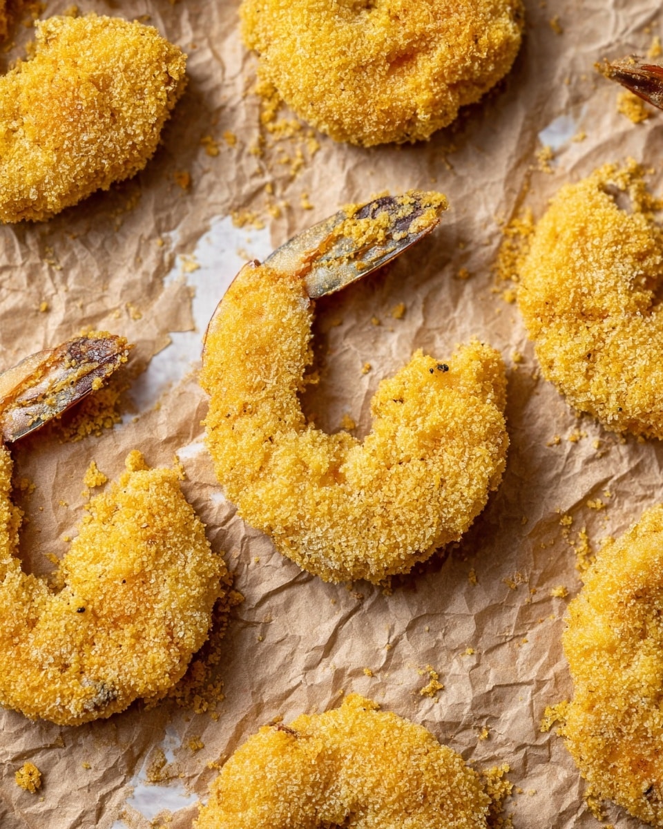 The image shows several breaded shrimp laid out on crinkled brown parchment paper on a white marbled surface. Each shrimp is fully coated with a golden-yellow crumb mixture, showing a rough, textured surface that appears crispy. The shrimp are arranged closely together, their curved shapes and tails visible, with some crumbs scattered around them on the paper. The overall look suggests they are ready to be cooked or served. photo taken with an iphone --ar 4:5 --v 7