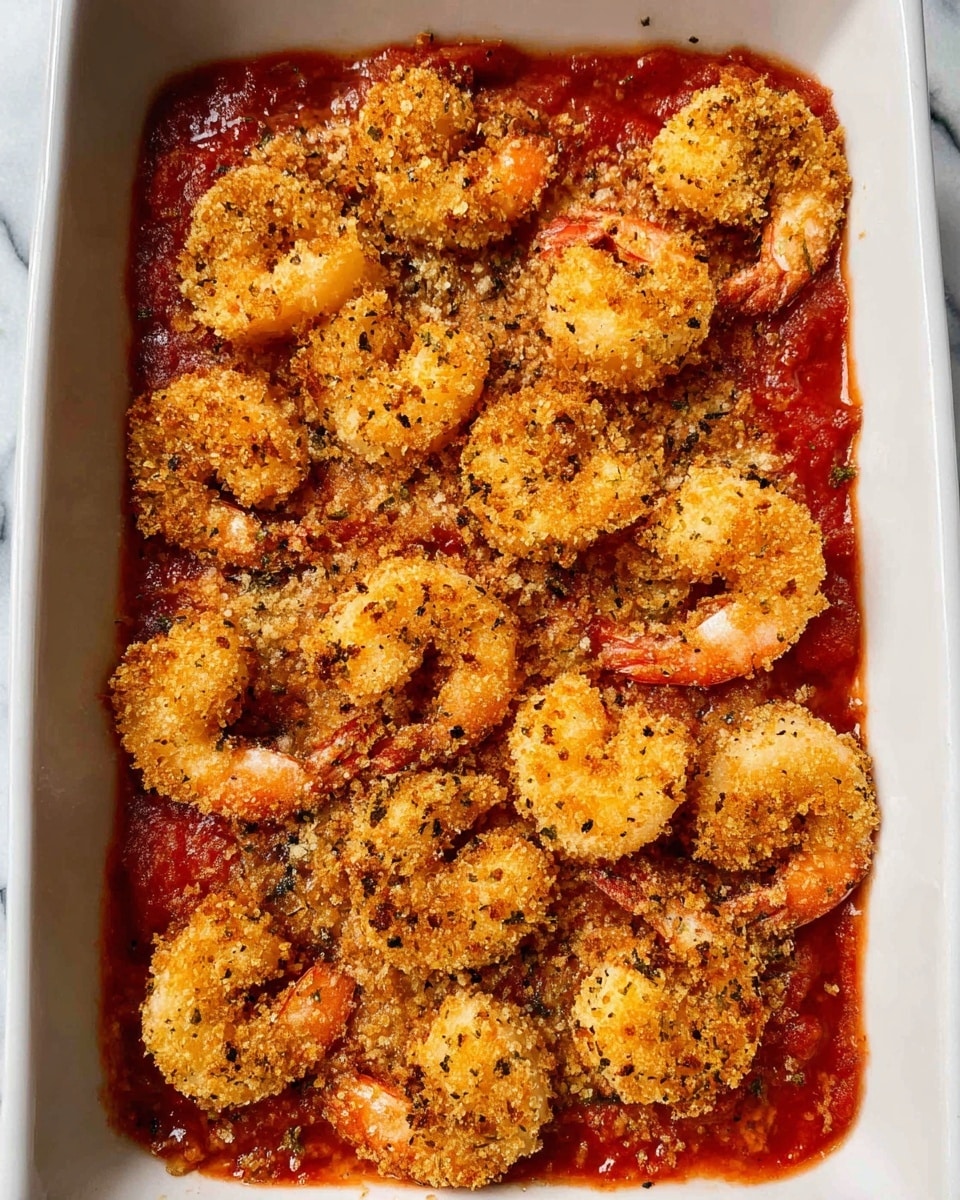 A white rectangular dish filled with a base layer of bright red tomato sauce, topped with one even layer of crispy golden-brown breaded shrimp. The shrimp are arranged close together, showing a crunchy texture with small black pepper specks. The background has a white marbled surface visible around the dish edges. photo taken with an iphone --ar 4:5 --v 7