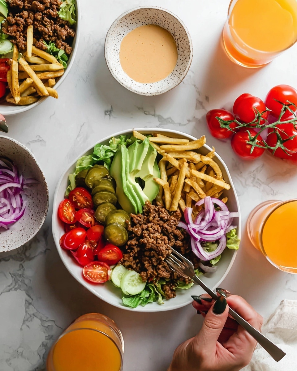 A white bowl with five main layers: a base of green lettuce leaves, a layer of cooked brown ground meat on the right side, thin golden fries on the top left, bright green slices of avocado on the top center, and crinkled green pickle slices on the left center. Scattered on top are halved red and orange cherry tomatoes and thin slices of purple onion on the lower right edge. Nearby is a small white speckled sauce bowl filled with a light orange creamy sauce sitting on a matching small white speckled plate. Around the bowl are two clear glasses of bright orange drink, a bunch of red cherry tomatoes on the vine, and a small white bowl of sliced purple onions. A woman's hand with long nails holds a fork inside the white bowl, and another woman's hand is reaching for one of the glasses. Everything is placed on a white marbled surface. Photo taken with an iphone --ar 4:5 --v 7