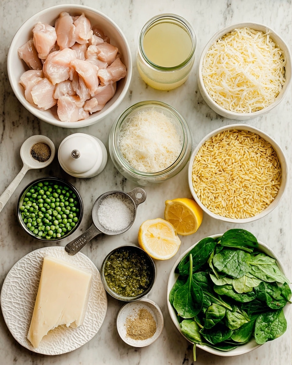 The image shows several white bowls and small containers arranged on a white marbled surface, each holding different cooking ingredients. At the top left is a bowl filled with raw pink chicken pieces, next to a tall white pepper grinder and a jar of light yellow broth. Below the chicken is a bowl with shredded pale yellow cheese. In the middle right is a bowl filled with dry yellow orzo pasta. Near the center, a small white container holds coarse salt, and a metal measuring cup is filled with frozen green peas. At the bottom left, a small dark bowl contains green pesto sauce, alongside a smaller white dish with light brown powder. Below that, a white plate holds a wedge of pale yellow cheese with some grated cheese. On the right side at the bottom, a large white bowl is full of bright green fresh spinach leaves. Two lemon halves are placed between the broth jar and spinach bowl. Photo taken with an iphone --ar 4:5 --v 7