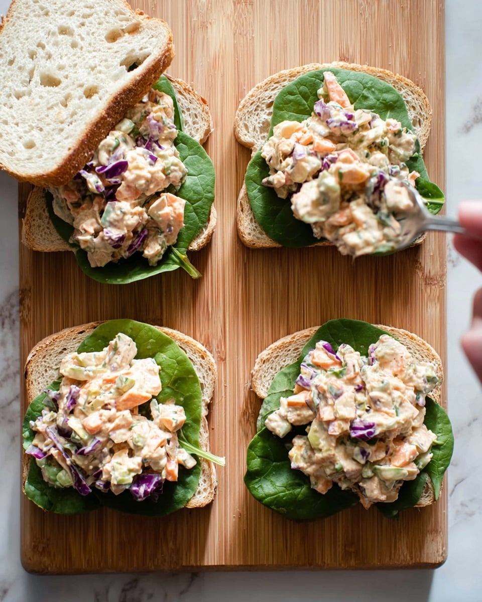 The image shows four slices of bread arranged on a wooden board with a white marbled background. Each slice has one or two fresh spinach leaves as the bottom layer, dark green and textured with veins. On three of the slices, there is a layer of chunky salad with mixed colors—light beige pieces of a creamy mixture with visible bits of orange carrots, purple cabbage, and green celery, giving a rough, uneven texture. One slice is in the process of having this salad added with a silver spoon held by a woman's hand. The bread slices are light brown with airy holes and soft texture. photo taken with an iphone --ar 4:5 --v 7
