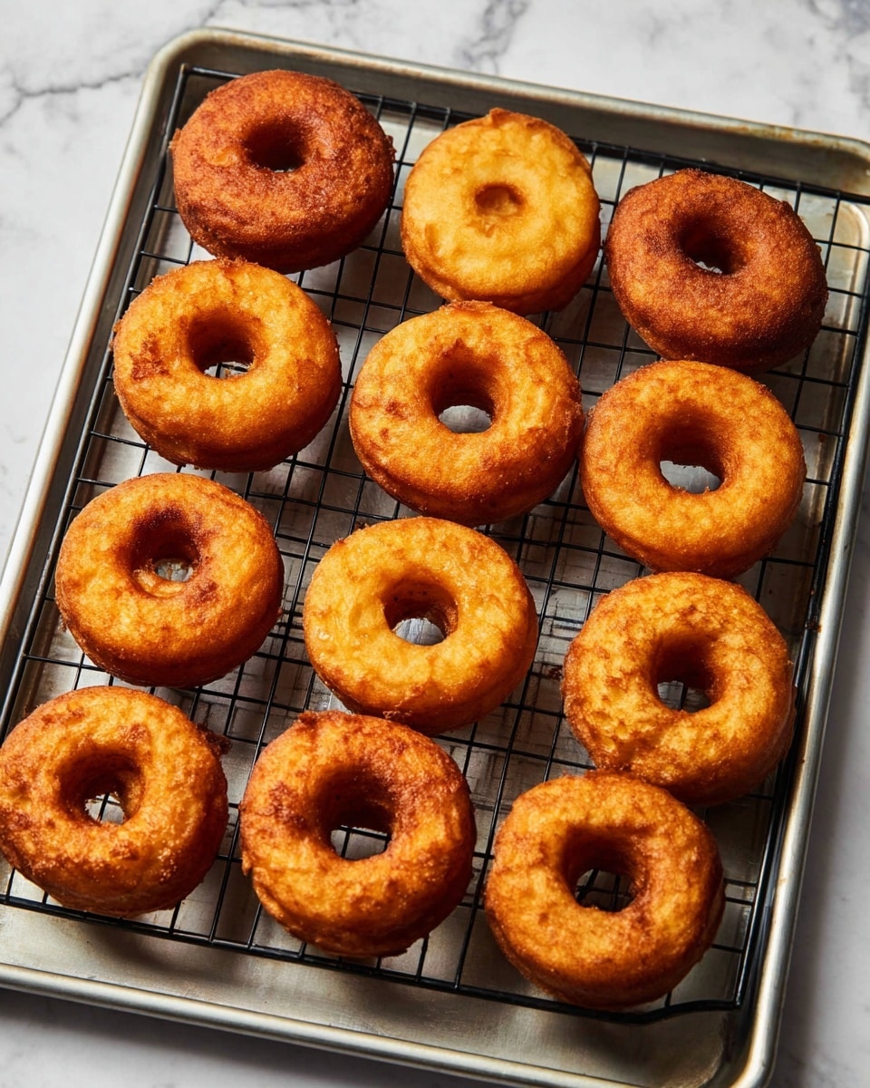 This image shows fourteen golden brown donuts with a slightly crisp texture on the edges, placed on a black cooling rack that sits on a silver baking tray. Each donut has a well-defined round shape with a hole in the center and a smooth surface that shows slight variations in color, making them look freshly fried. The tray rests on a white marbled surface, enhancing the warm color of the donuts. The lighting highlights the donuts' texture and the shiny metal of the tray and rack. photo taken with an iphone --ar 4:5 --v 7