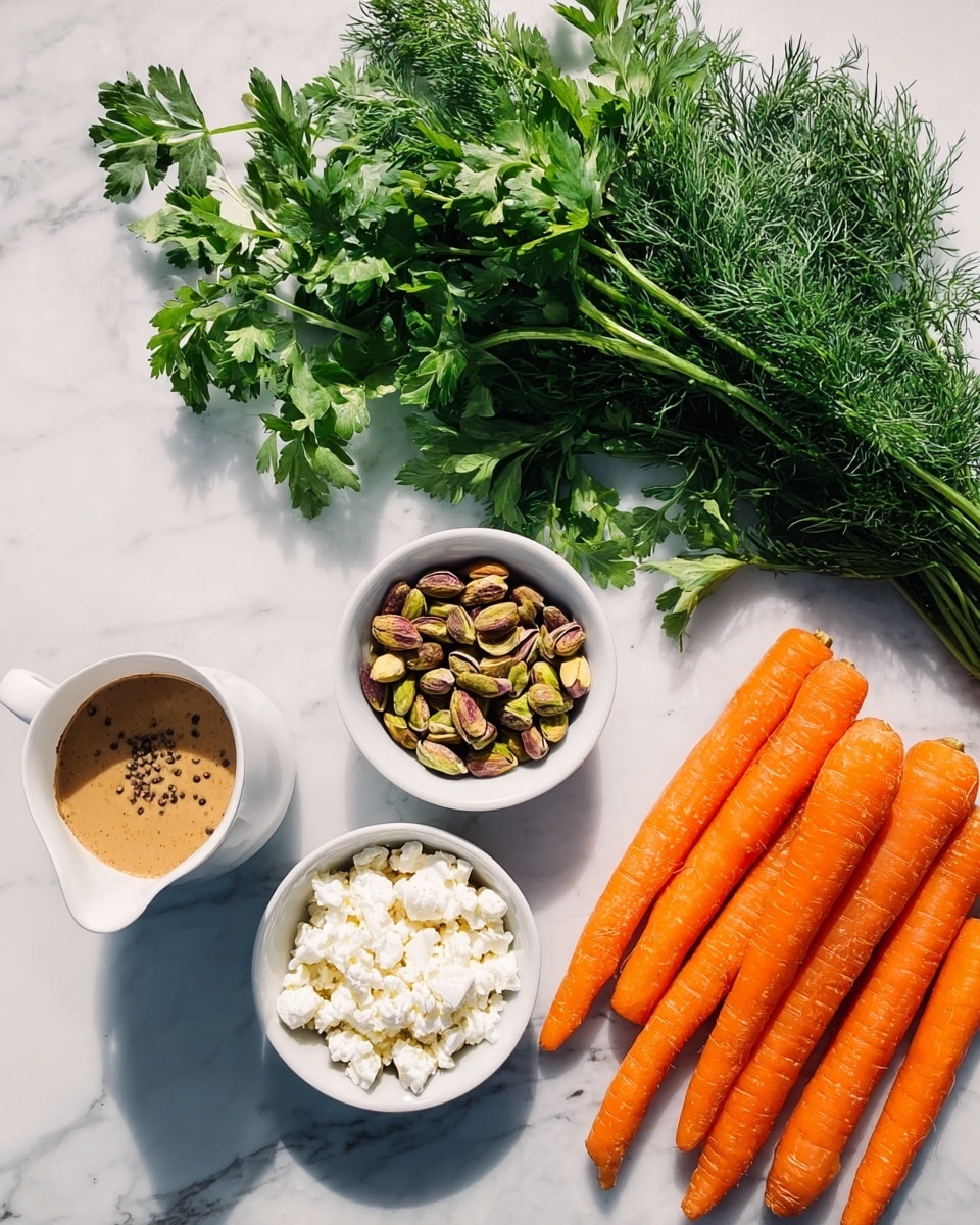 The image shows six whole orange carrots placed diagonally on the right side over a white marbled texture surface. Above the carrots there is a bunch of bright green fresh dill with fine, delicate leaves and to the left of the dill is an even bigger bunch of fresh green parsley with broader leaves. In the center, there are two small white bowls; the left bowl contains brown and green pistachio nuts, while the right bowl is filled with small white crumbled pieces of cheese. At the bottom left, there is a small white pitcher with a brown creamy sauce with black specks inside. The lighting is bright and natural, highlighting the fresh textures of all the ingredients. photo taken with an iphone --ar 4:5 --v 7