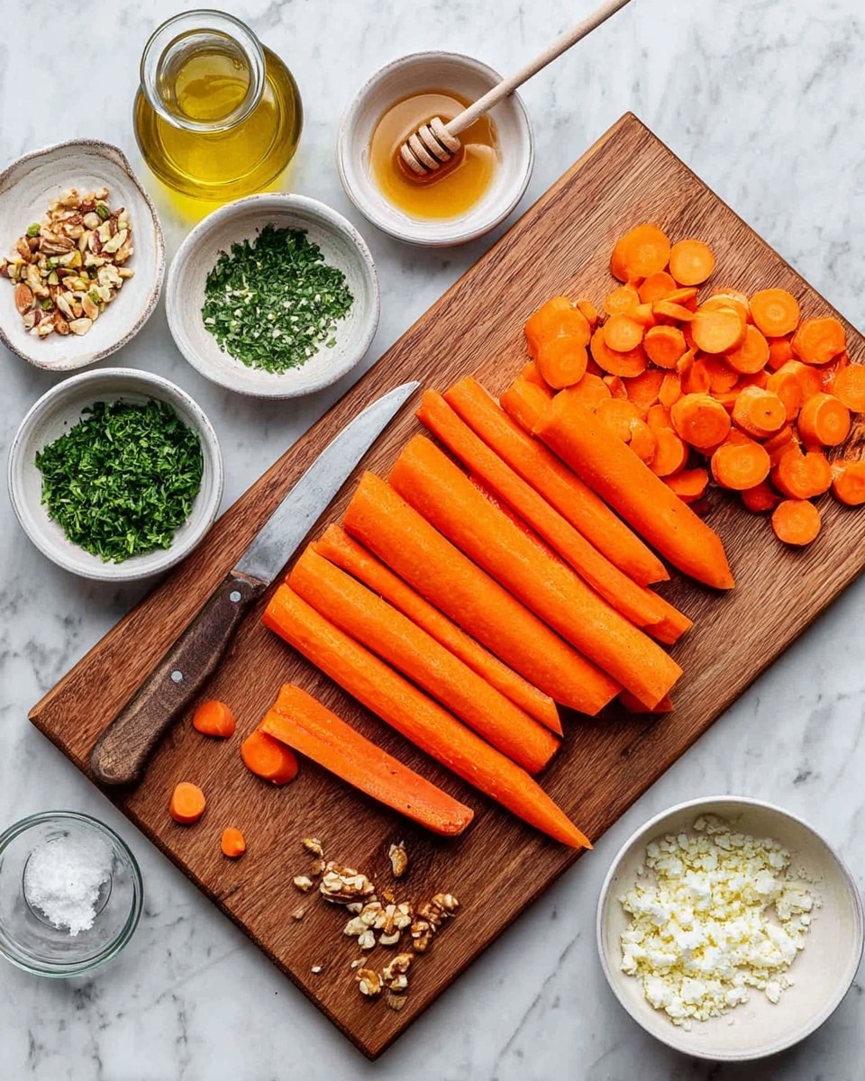 A wooden cutting board with seven whole peeled orange carrots lined up on the right side and many round carrot pieces scattered on the left. A small knife with a wooden handle rests on the board diagonally. Surrounding the board on a white marbled background are six small white bowls and one small glass bowl containing various ingredients: finely chopped green herbs, chopped nuts, a white crumbly cheese, coarse salt, ground black pepper, and a honey-like liquid with a wooden dipper in it. A small bottle of golden olive oil is also placed to the left side. photo taken with an iphone --ar 4:5 --v 7