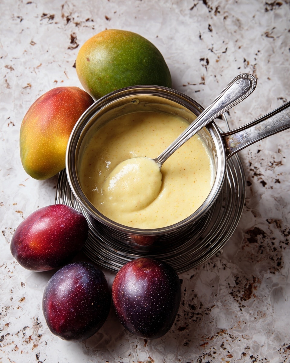 A black pot sits on a silver round rack, with a smooth pale yellow sauce inside, a silver spoon resting in it. Below the pot are two mangoes, one with green skin and one with yellow-orange skin. In front, four plums with deep red and purple colors rest on a dark speckled surface. The background is a white marbled texture. photo taken with an iphone --ar 4:5 --v 7