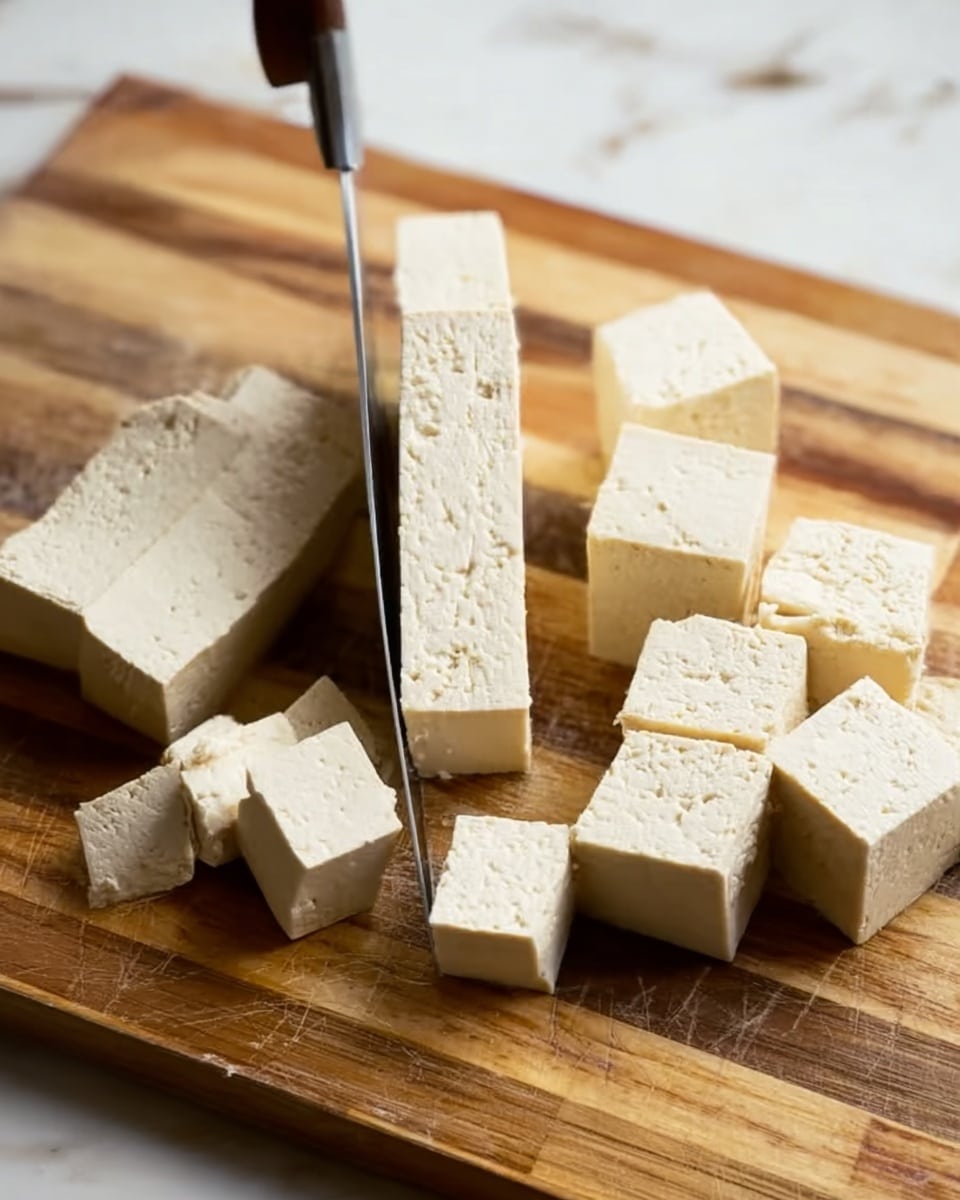 The image shows a wooden cutting board on a white marbled surface with several blocks of firm tofu being cut into small cubes. The tofu blocks are pale cream in color with a firm, slightly porous texture. A knife is slicing through one block vertically, creating thick rectangular sections that then become smaller cubes at the bottom left. The scene focuses closely on the tofu and knife, highlighting the clean cuts and the smooth, slightly grainy surface of the tofu pieces. photo taken with an iphone --ar 4:5 --v 7