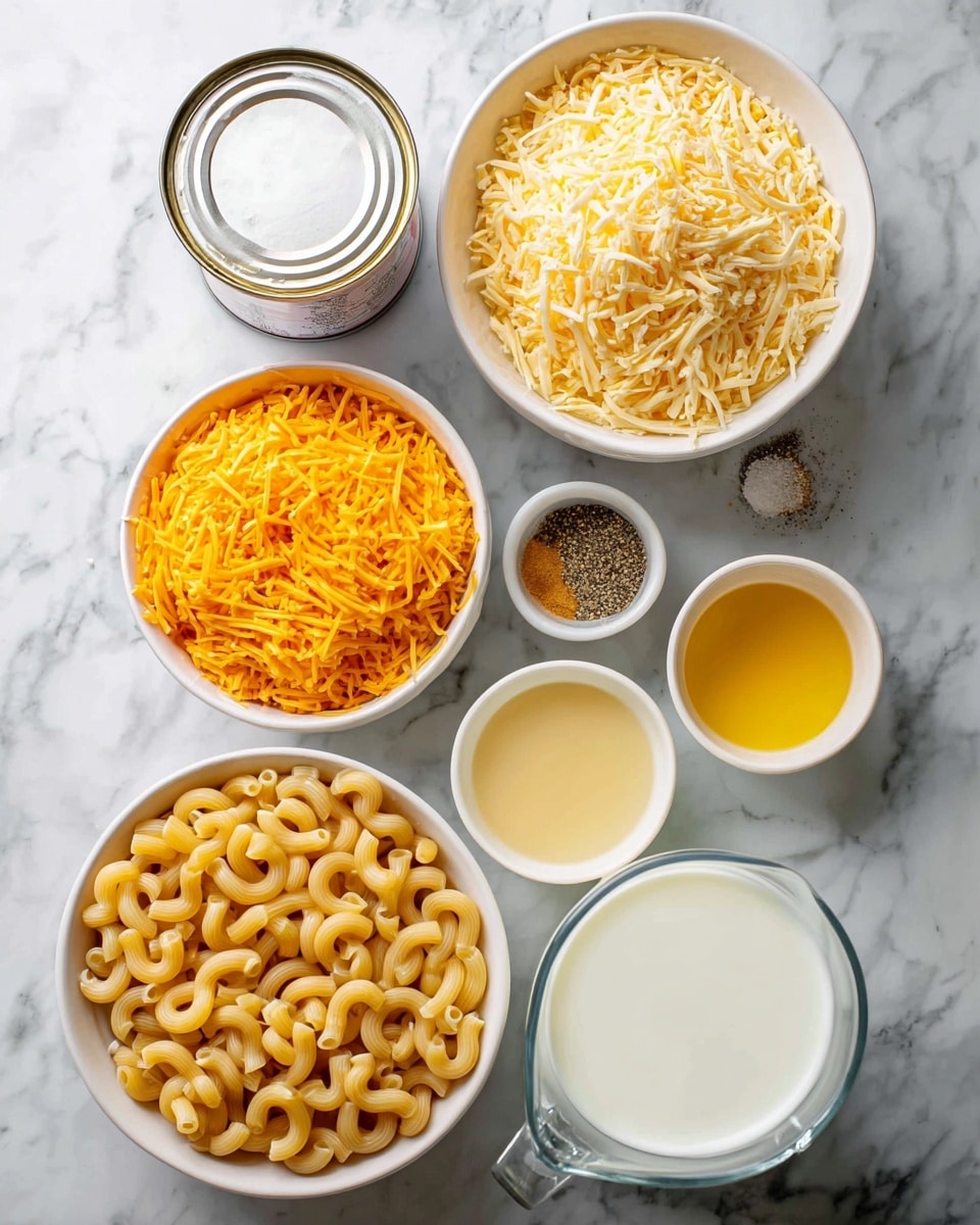 The image shows seven separate ingredients placed on a white marbled surface. In the bottom center, there is a white bowl filled with dry, uncooked elbow macaroni pasta, which is light yellow in color and curved. To the left, another white bowl contains bright orange shredded cheddar cheese that looks soft and stringy. Above this is a smaller white bowl filled with pale yellow shredded cheese that is thinner and lighter in color. To the right of this is a white cup with golden yellow liquid, likely melted butter or oil. Above this is a small white bowl holding mixed dry spices, including white salt, black pepper, and light yellow powder. To the far left, an opened tin can shows thick, foamy white liquid inside. Next to it, a clear glass measuring cup holds fresh white milk. All items are neatly arranged for a cooking preparation. photo taken with an iphone --ar 4:5 --v 7