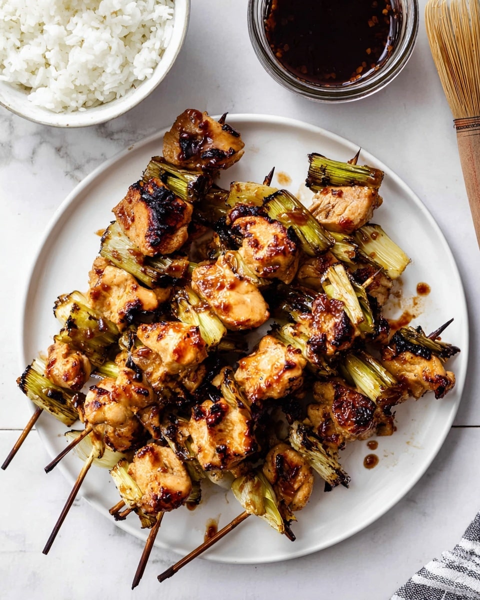 The image shows a white plate filled with several grilled skewers. Each skewer has three layers: pieces of golden-brown grilled chicken with charred edges, light green grilled spring onion sections, and dark brown wooden sticks holding them together. The chicken pieces are glossy with sauce, giving them a shiny texture. In the background, there is a white bowl with white rice at the top and a transparent glass jar filled with dark sauce to the right, with a bamboo brush resting inside. Everything is on a white marbled surface photo taken with an iphone --ar 4:5 --v 7