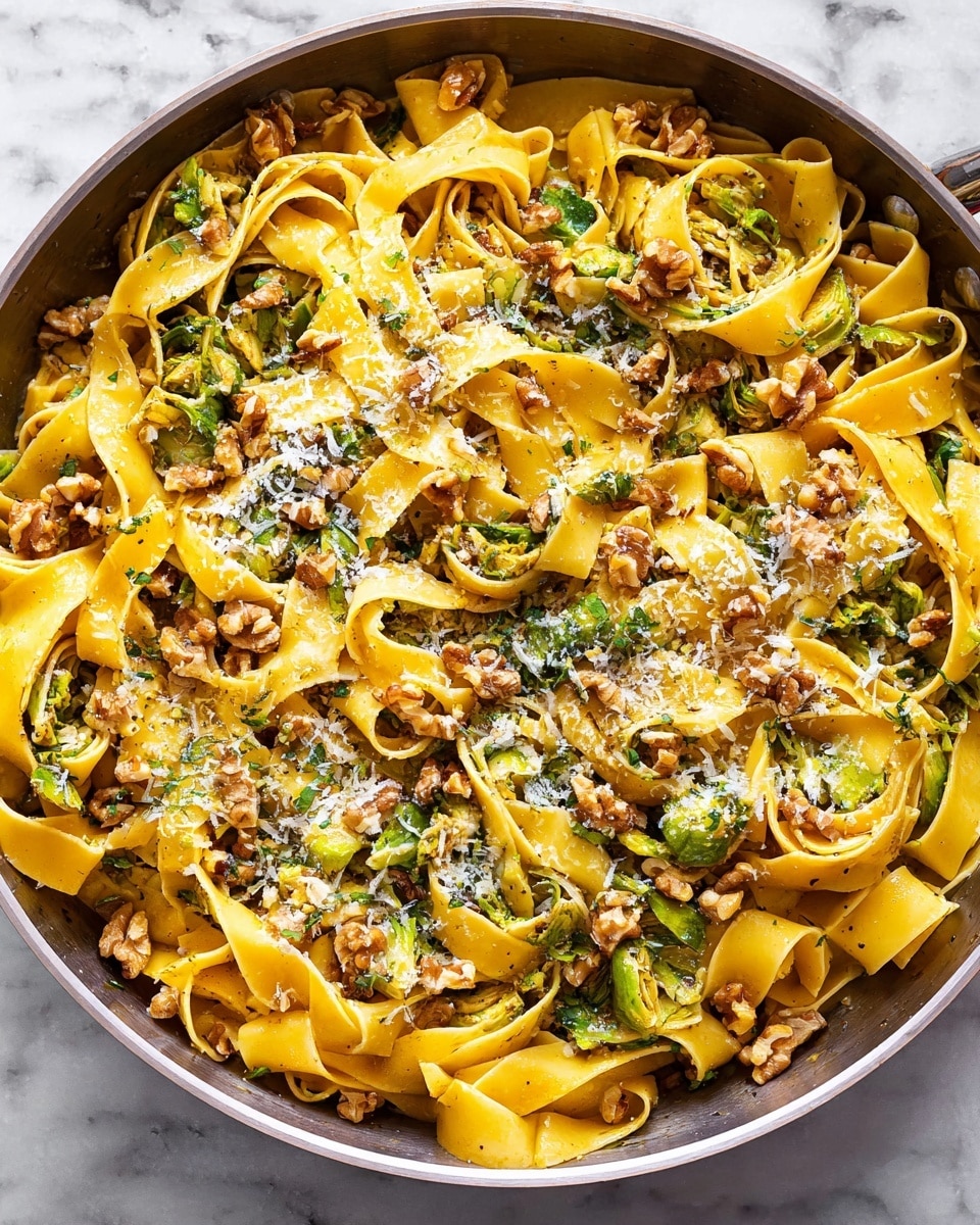 A white bowl filled with wide, flat yellow pasta ribbons mixed with green leafy vegetables and small pieces of nuts, all lightly coated in a sauce that gives a shiny texture; the pasta is curled and folded over itself, with bits of grated cheese sprinkled on top for a slightly rough texture; a gold fork is resting inside the bowl on the left side; in the background, there is a partial view of a white bowl with cooked white rice, all set on a white marbled surface photo taken with an iphone --ar 4:5 --v 7
