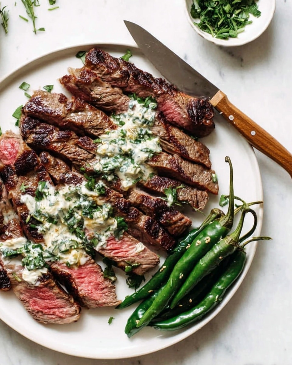 A white plate on a white marbled texture surface holds sliced steak arranged in two main layers: the bottom layer shows darker, grilled steak pieces, while the top layer has medium-rare steak slices with a pink center, topped with a creamy white sauce mixed with green herbs. On the right side of the plate, there is a small pile of whole green chili peppers with seeds showing. To the upper left of the plate, there is a small white bowl with green chopped herbs and a wooden-handled knife resting on the plate's edge. The photo taken with an iphone --ar 4:5 --v 7